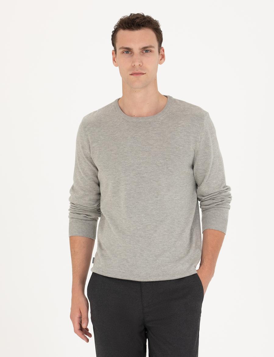 Açık Gri Melanj Slim Fit Bisiklet Yaka Basic Triko Kazak