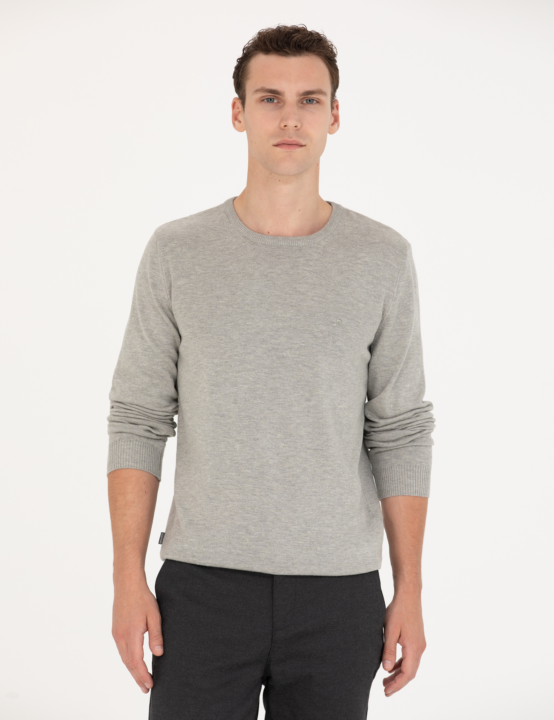 Açık Gri Melanj Slim Fit Bisiklet Yaka Basic Triko Kazak - Image 3