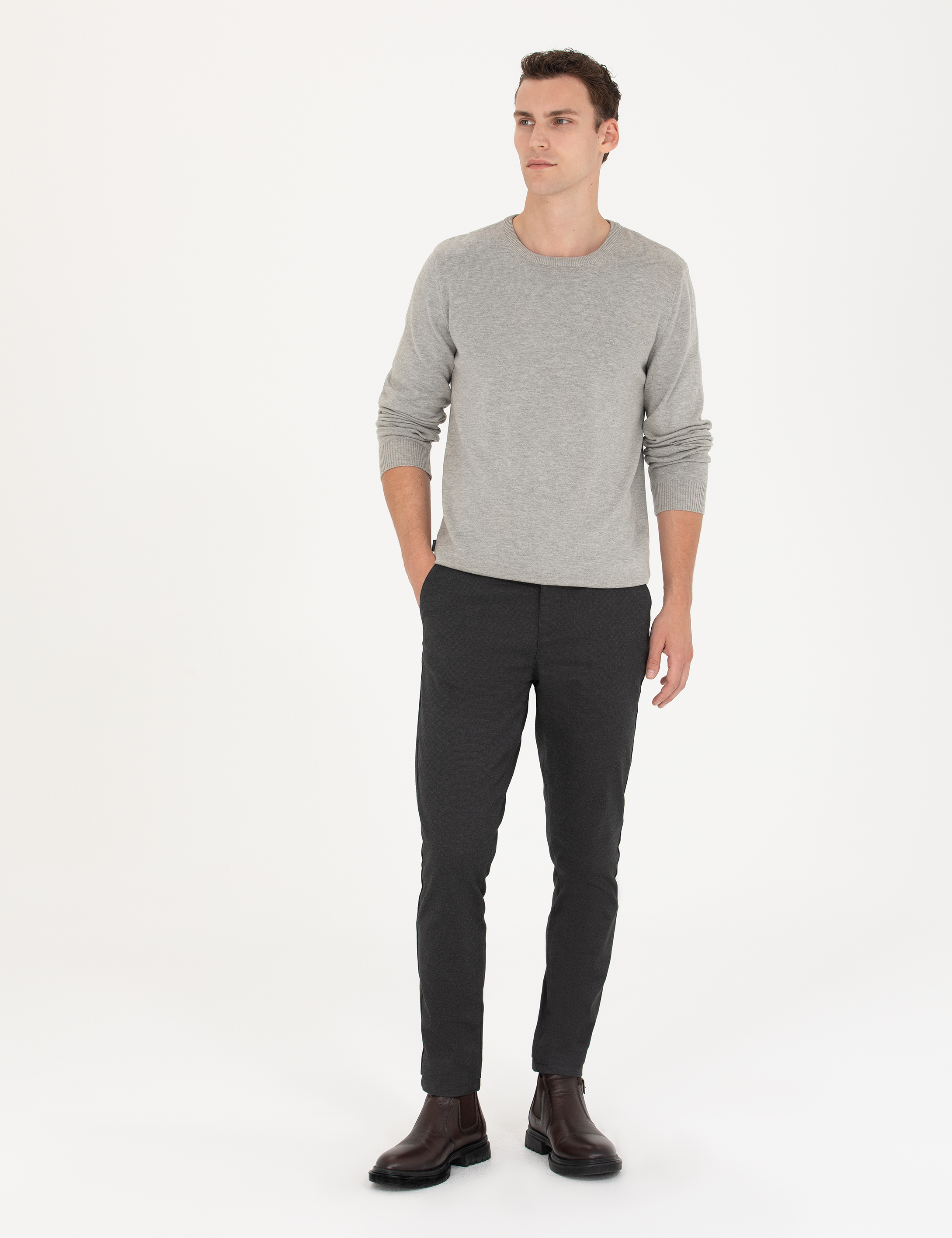 Pierre Cardin Açık Gri Melanj Slim Fit Bisiklet Yaka Basic Triko Kazak görsel 4