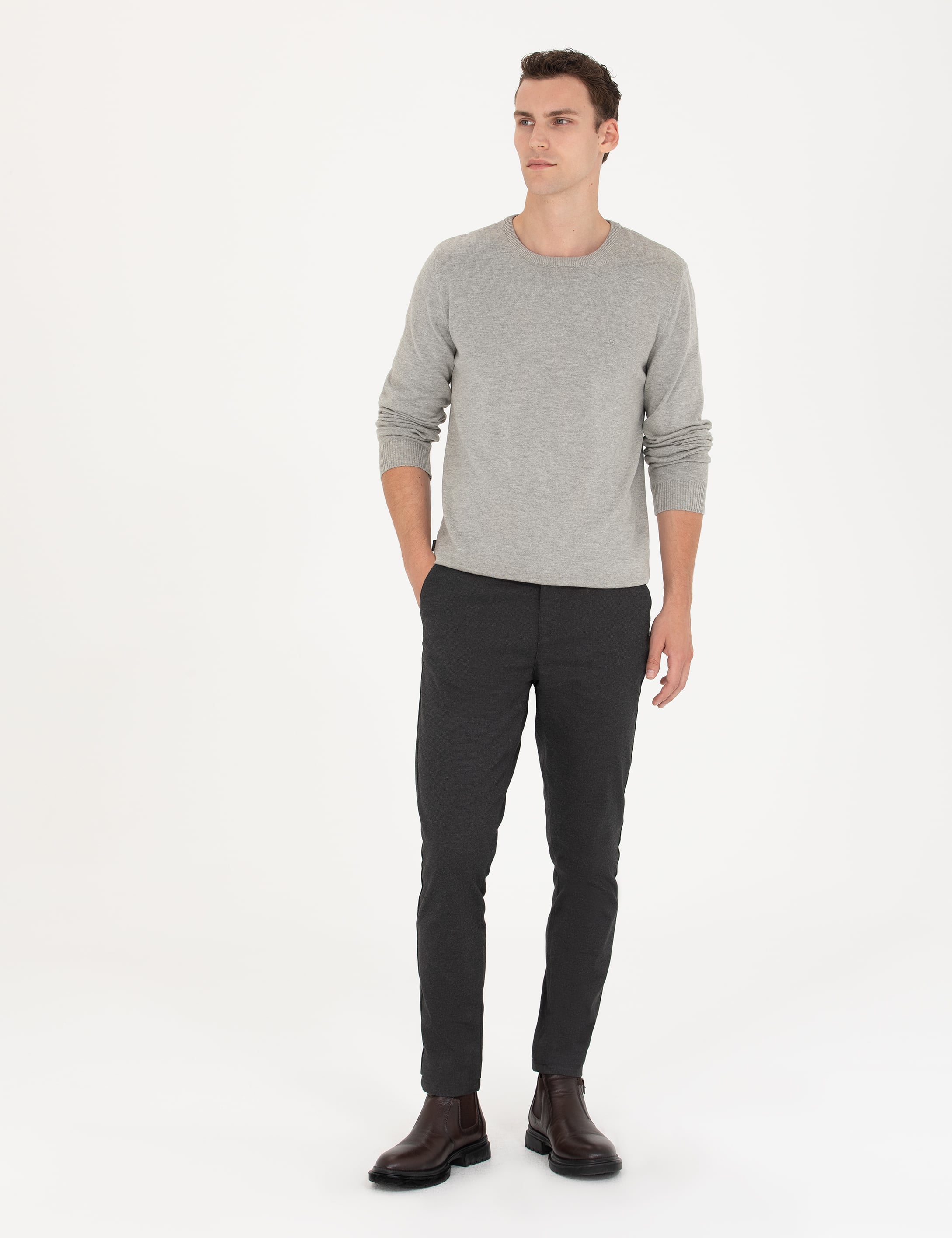 Açık Gri Melanj Slim Fit Bisiklet Yaka Basic Triko Kazak