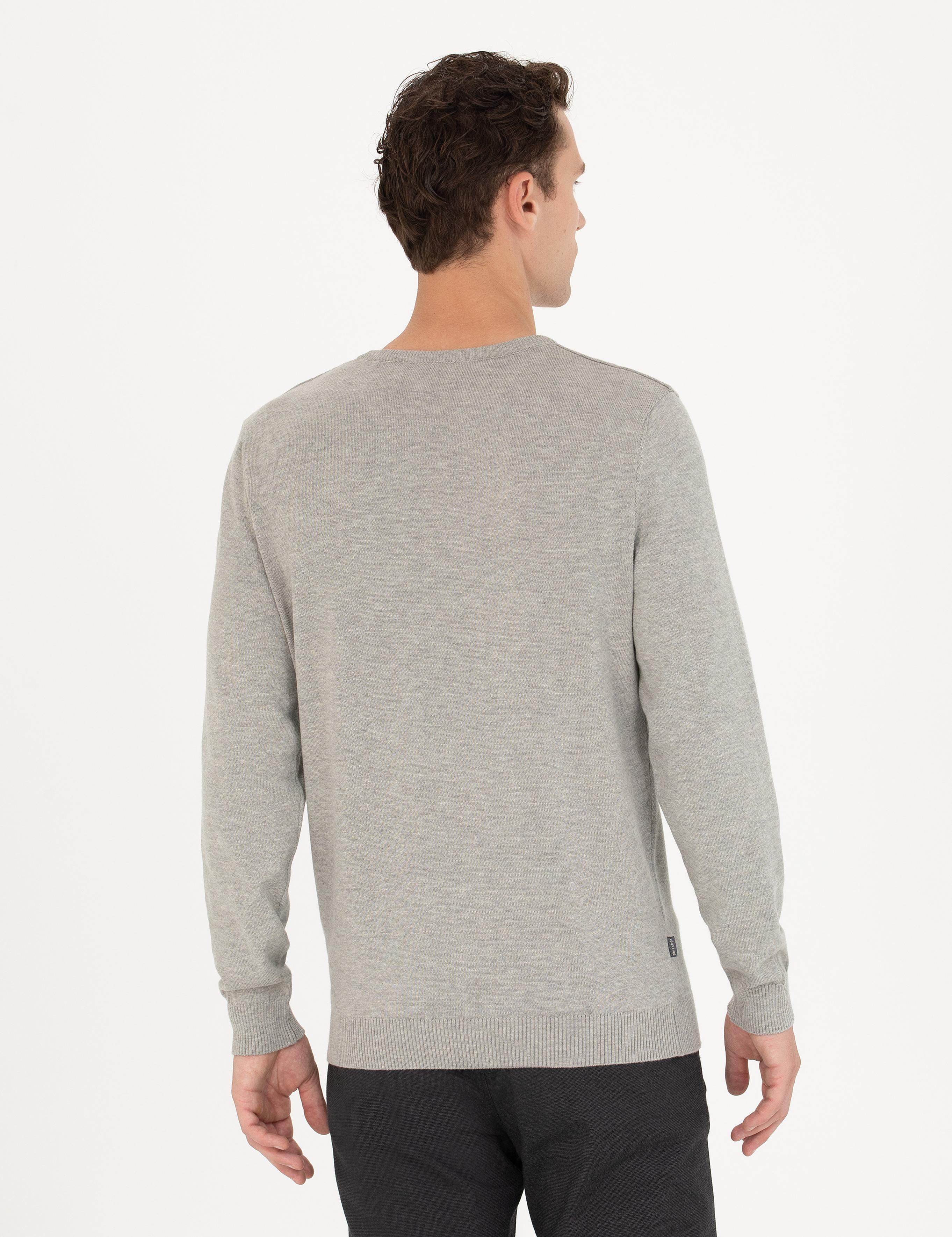 Açık Gri Melanj Slim Fit Bisiklet Yaka Basic Triko Kazak