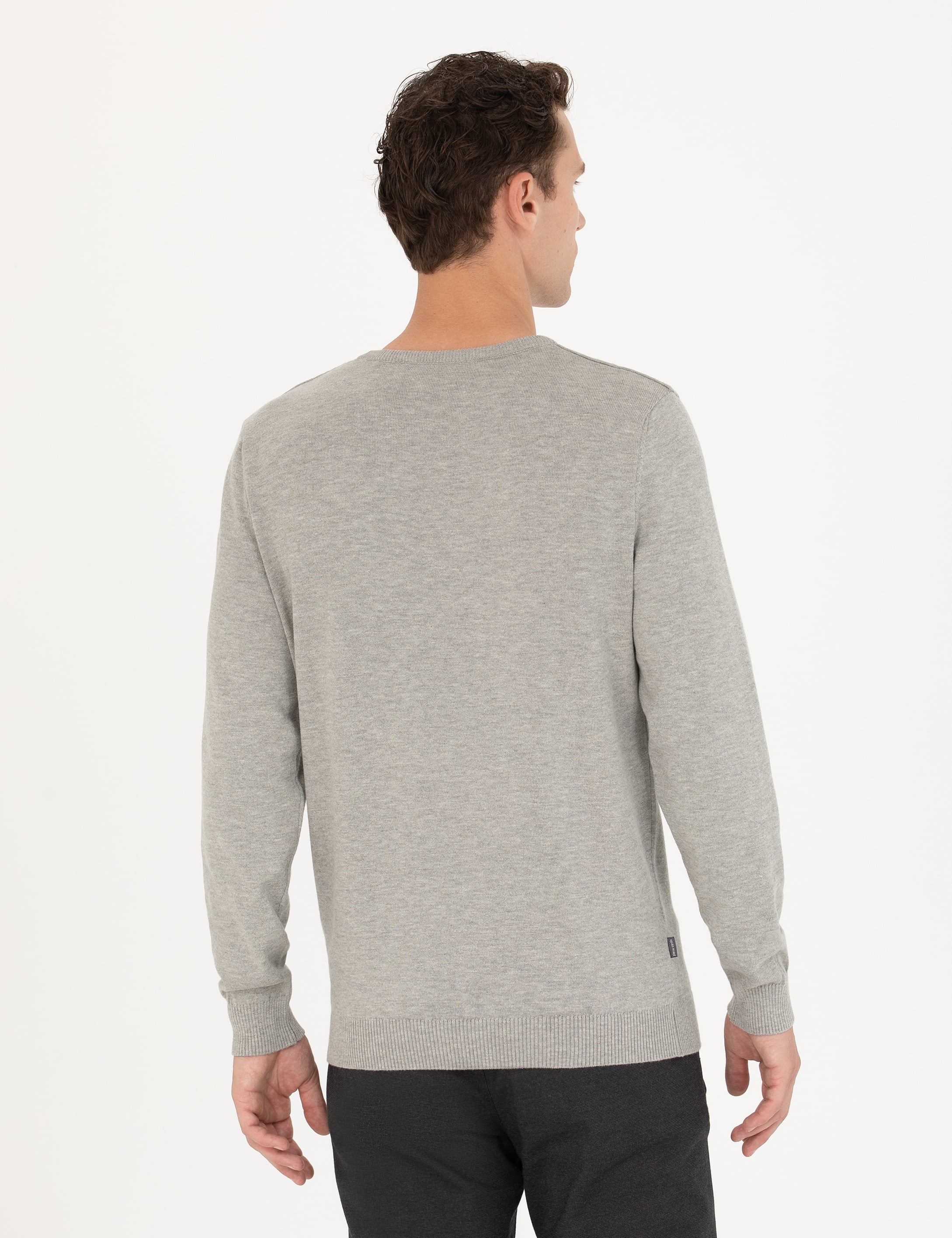 Açık Gri Melanj Slim Fit Bisiklet Yaka Basic Triko Kazak
