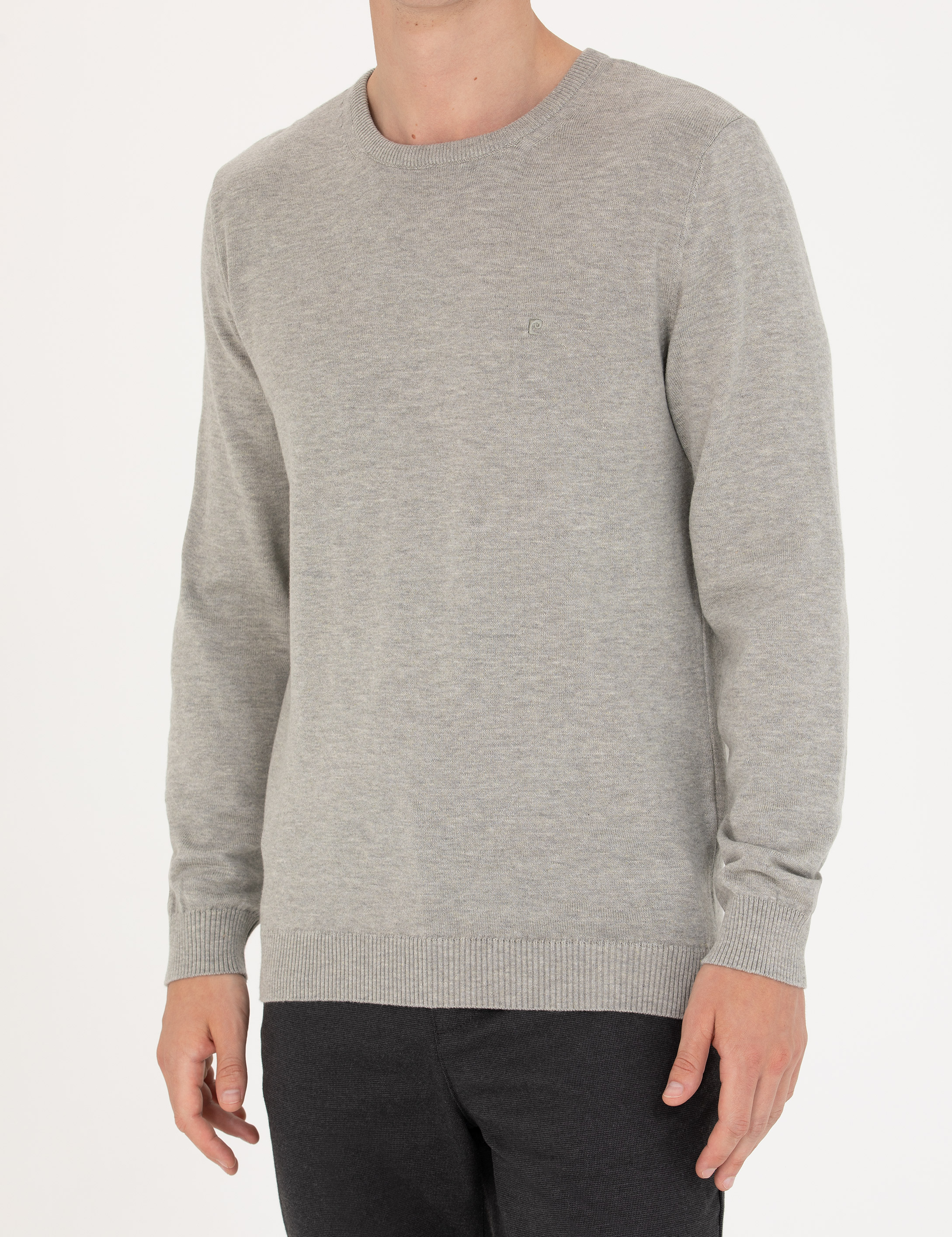 Pierre Cardin Açık Gri Melanj Slim Fit Bisiklet Yaka Basic Triko Kazak görsel 6