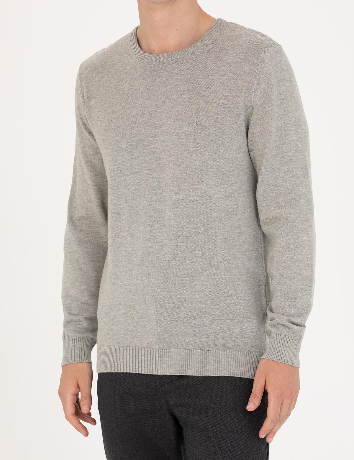 Açık Gri Melanj Slim Fit Bisiklet Yaka Basic Triko Kazak - 50270179266