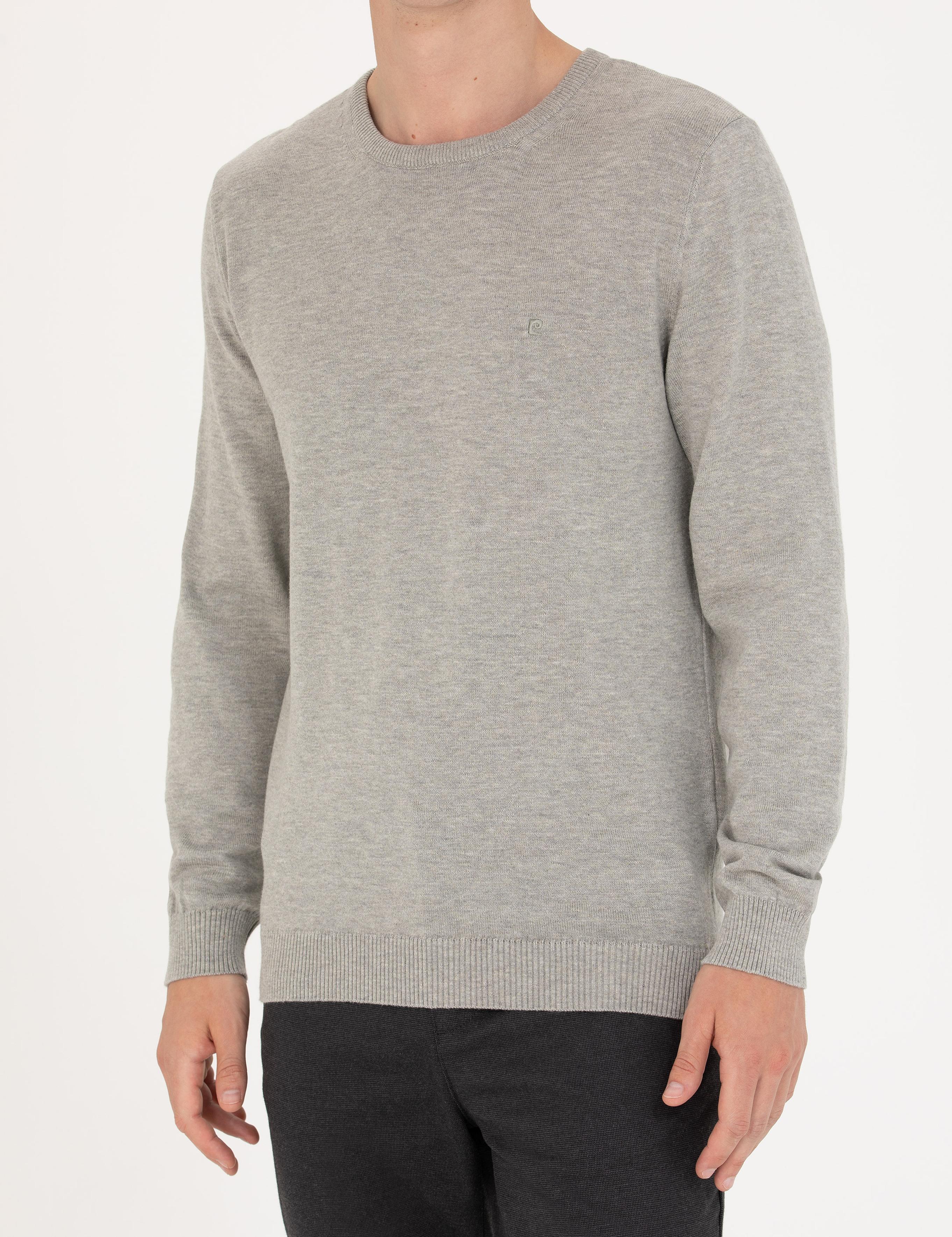 Açık Gri Melanj Slim Fit Bisiklet Yaka Basic Triko Kazak