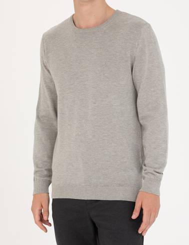 Açık Gri Melanj Slim Fit Bisiklet Yaka Basic Triko Kazak