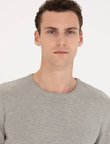 Açık Gri Melanj Slim Fit Bisiklet Yaka Basic Triko Kazak