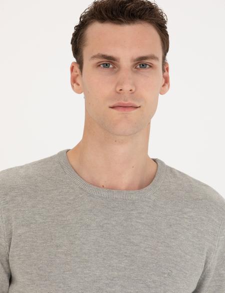 Açık Gri Melanj Slim Fit Bisiklet Yaka Basic Triko Kazak - 50270179266