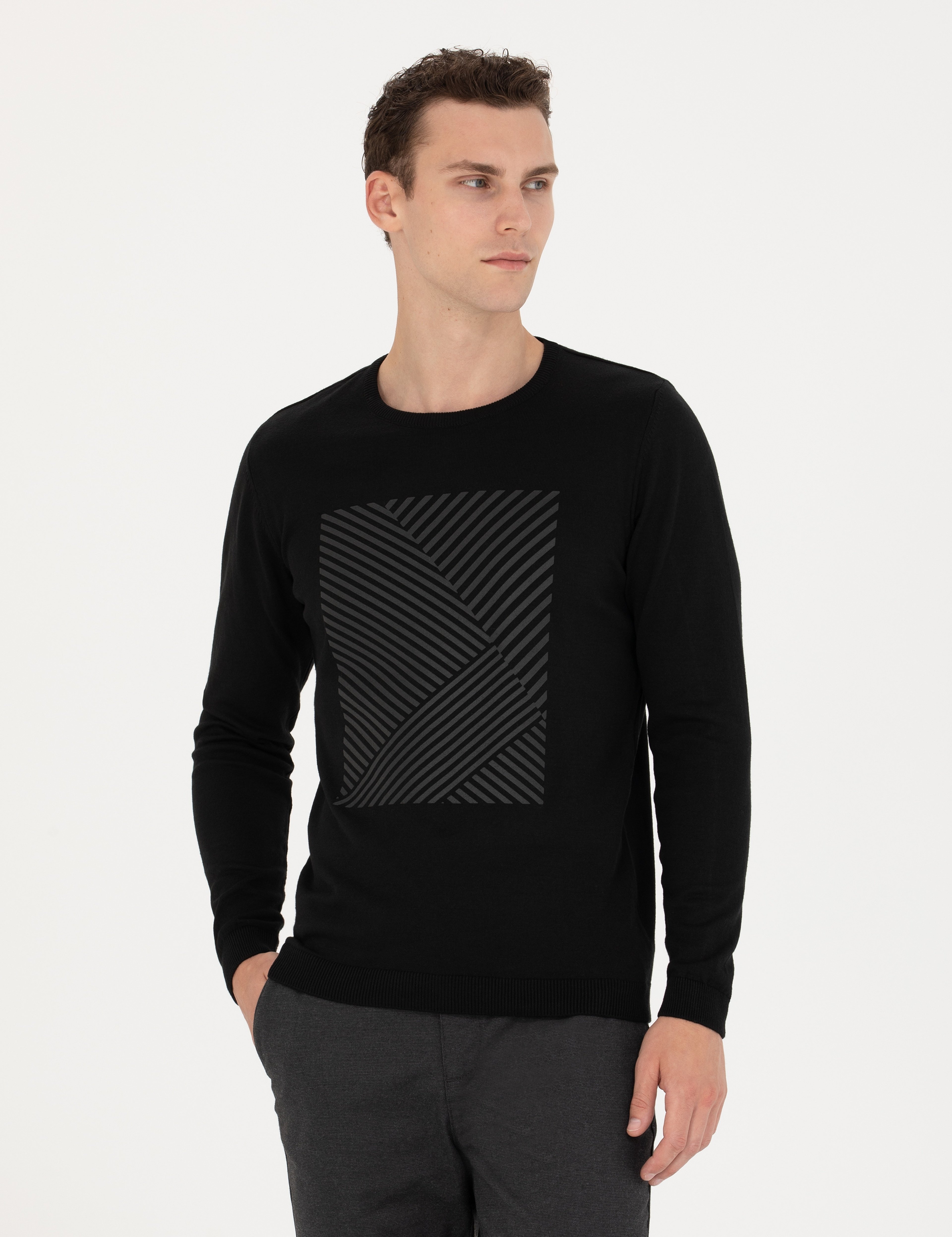 Siyah Slim Fit Bisiklet Yaka Triko Kazak - Image 1