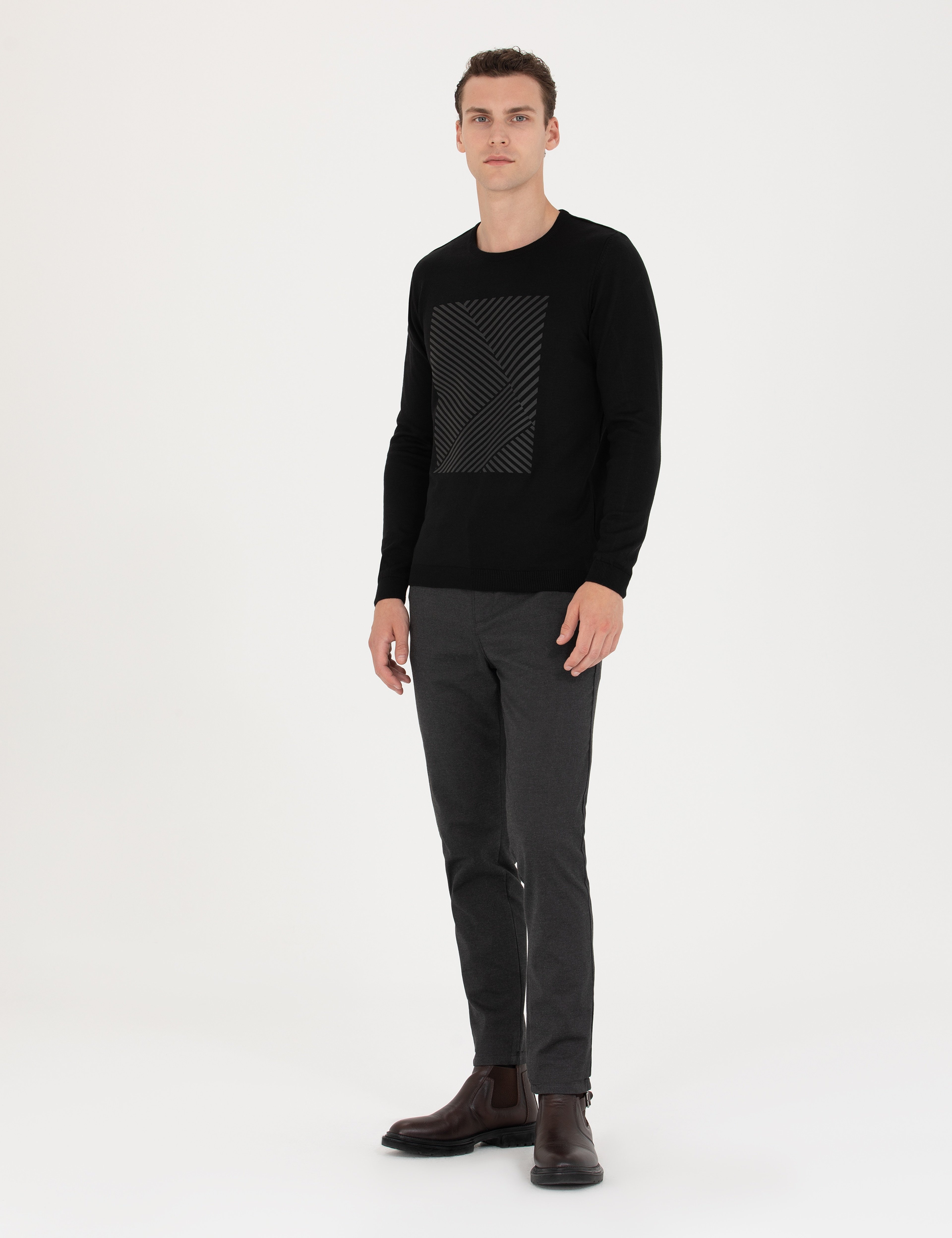 Siyah Slim Fit Bisiklet Yaka Triko Kazak - Image 4