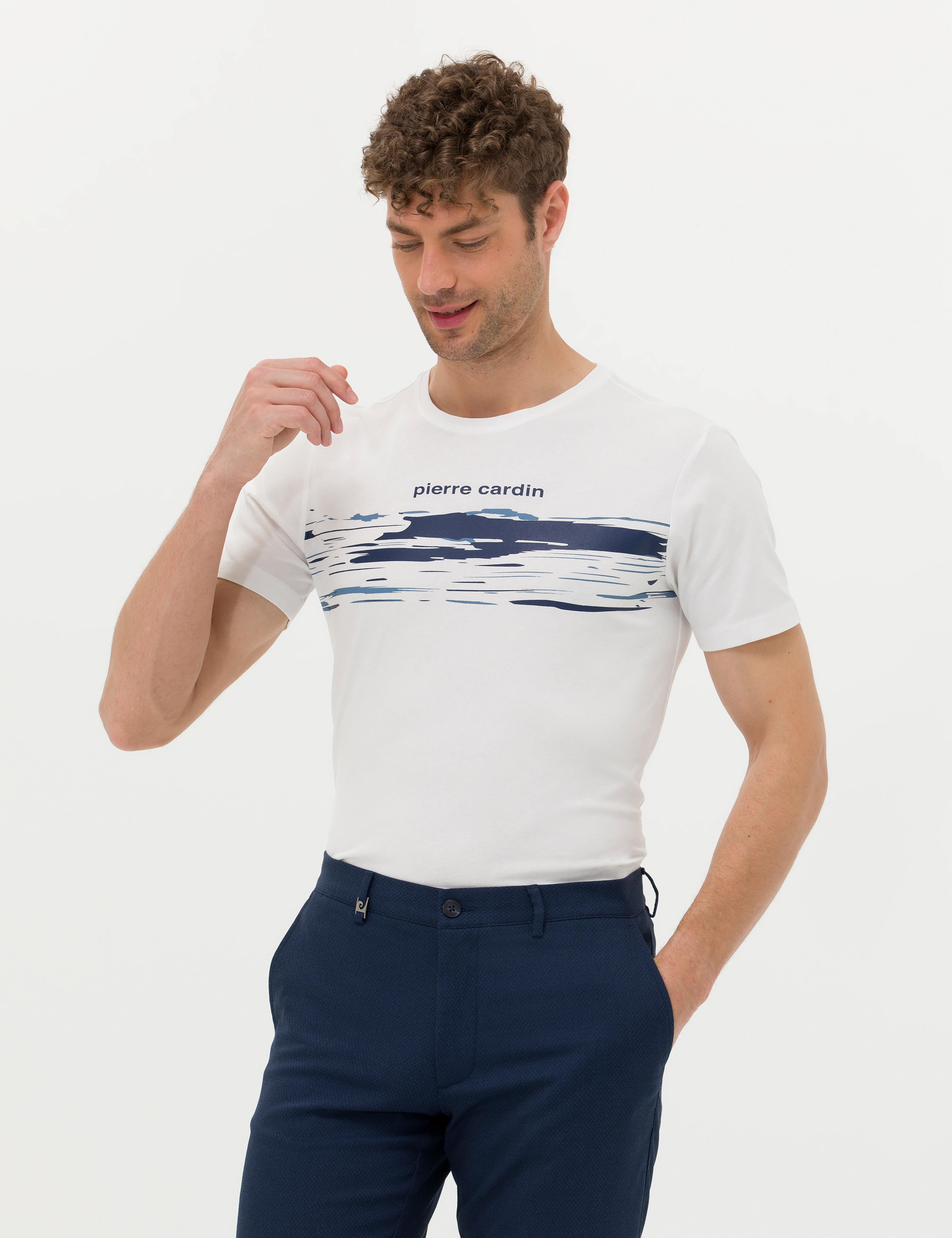 Ekru Slim Fit Bisiklet Yaka Tişört - Image 1