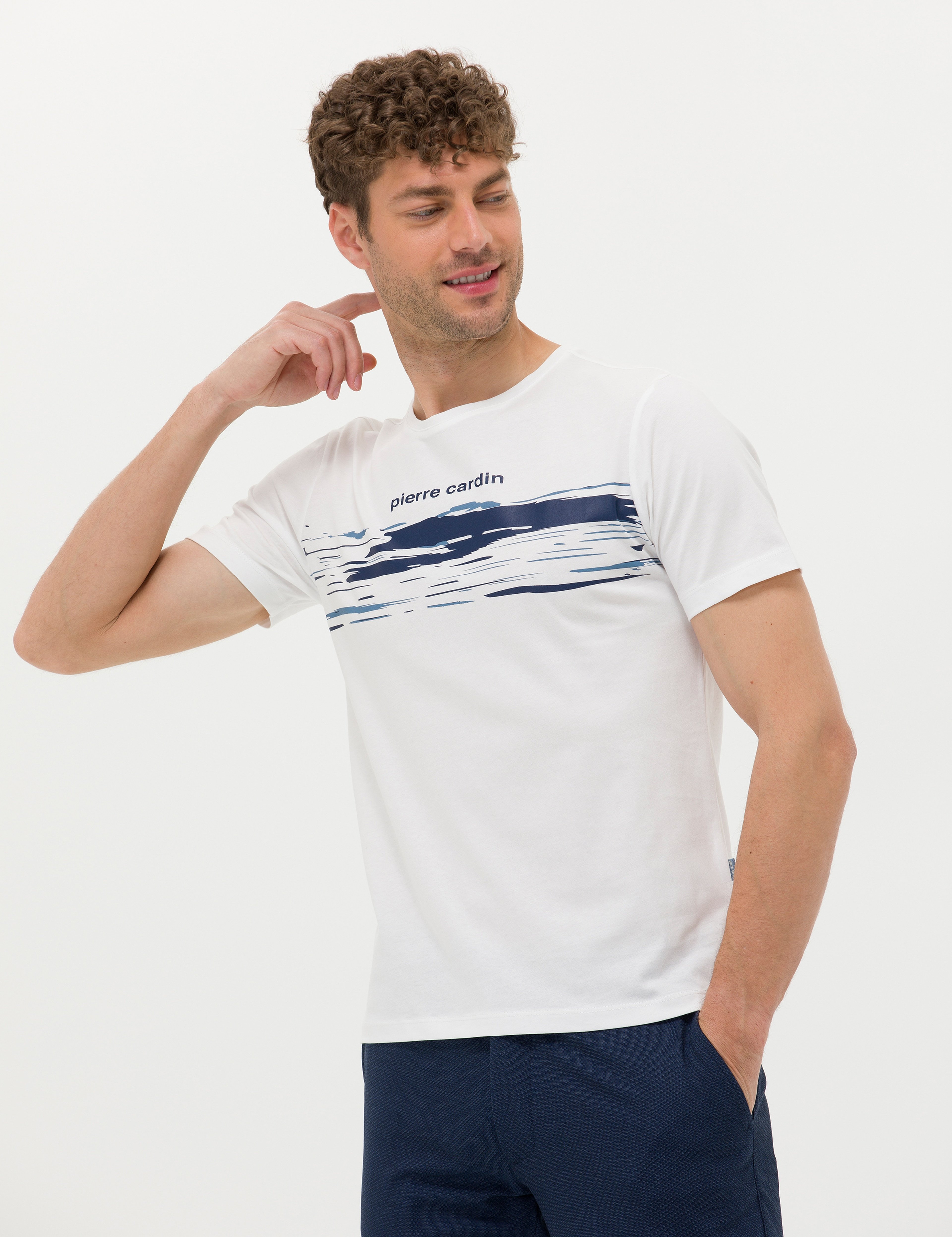 Ekru Slim Fit Bisiklet Yaka Tişört - Image 3