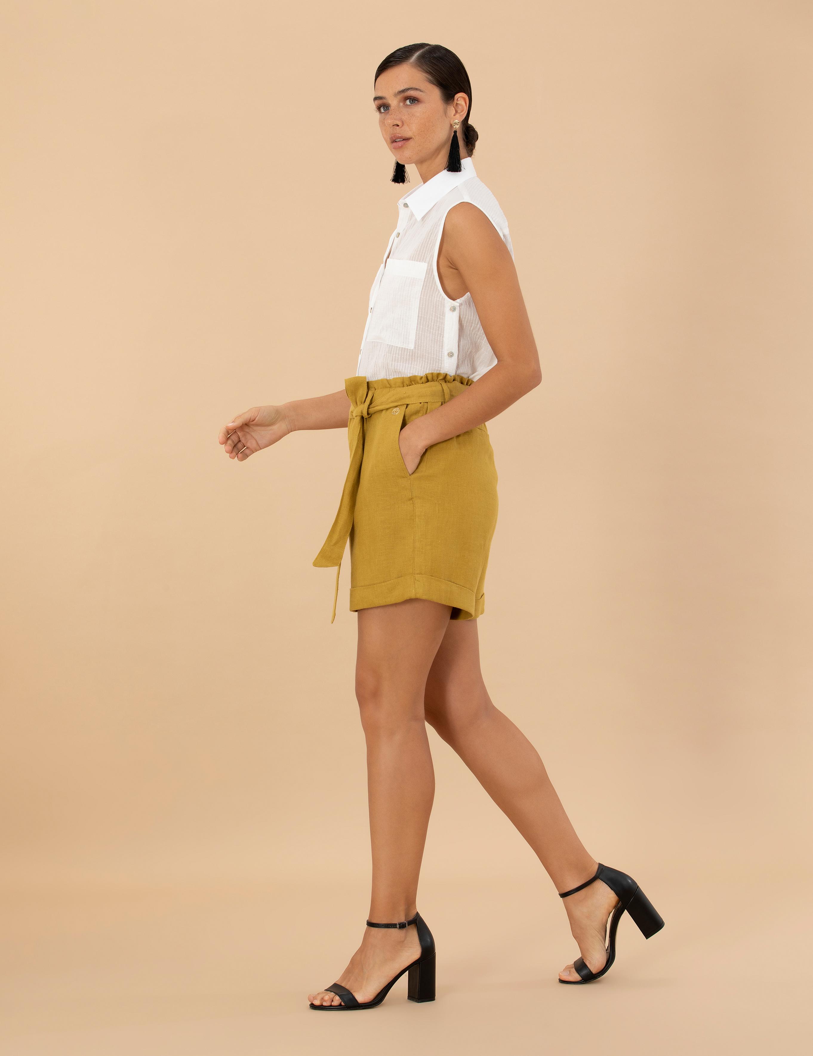 Yeşil Keten Oversize Bermuda Şort