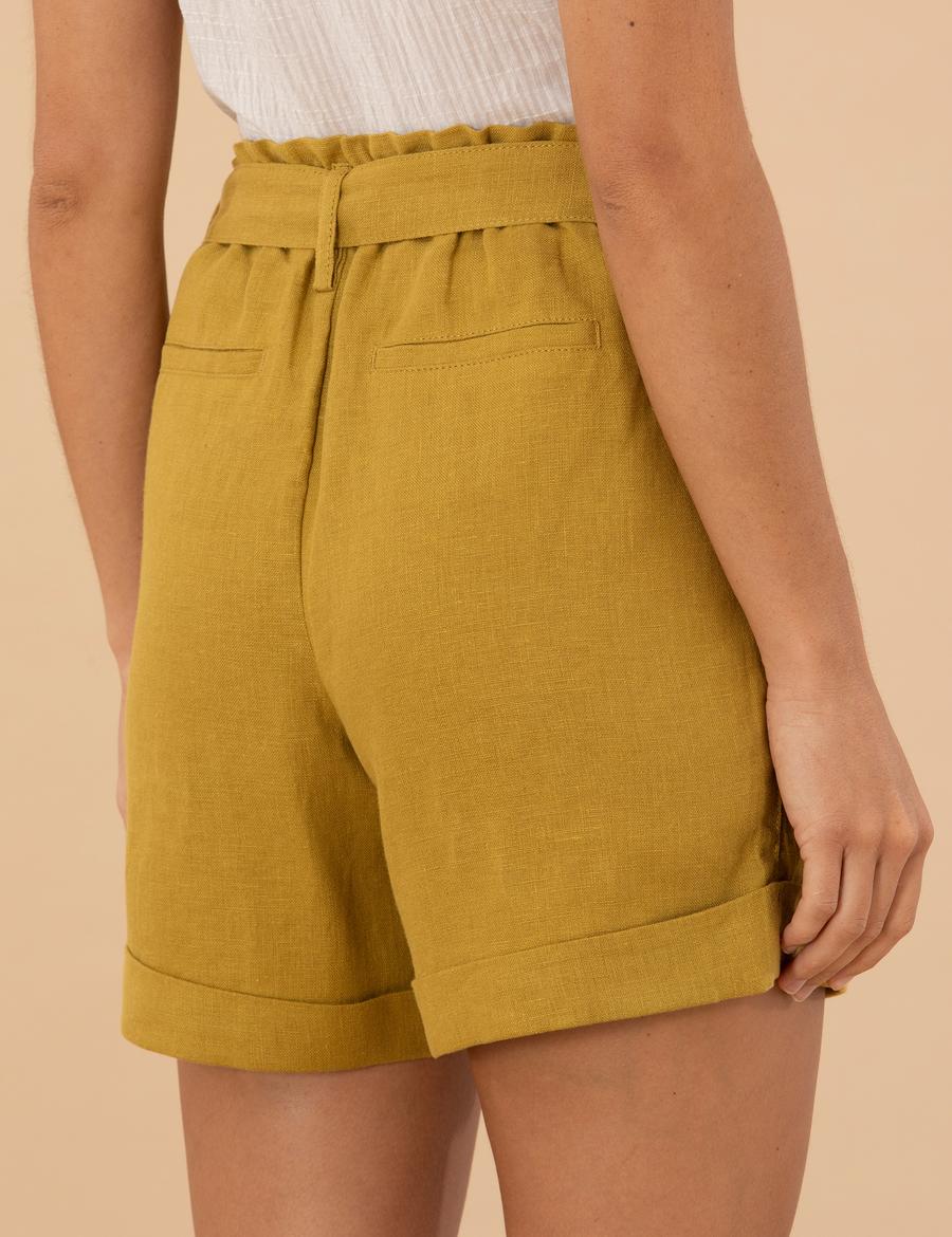 Yeşil Keten Oversize Bermuda Şort