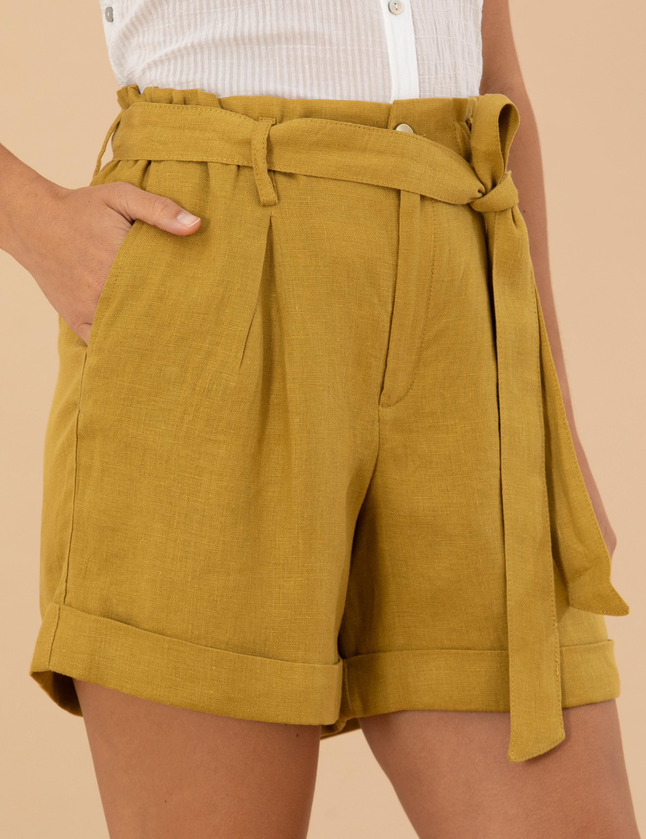 Yeşil Keten Oversize Bermuda Şort