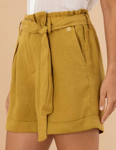 Yeşil Keten Oversize Bermuda Şort
