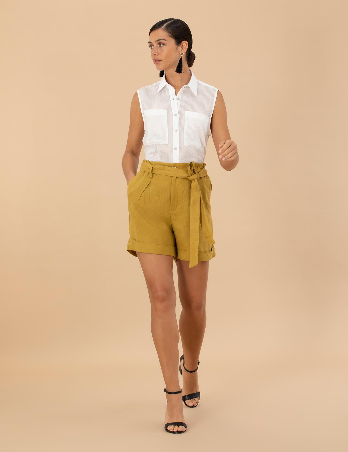 Yeşil Keten Oversize Bermuda Şort