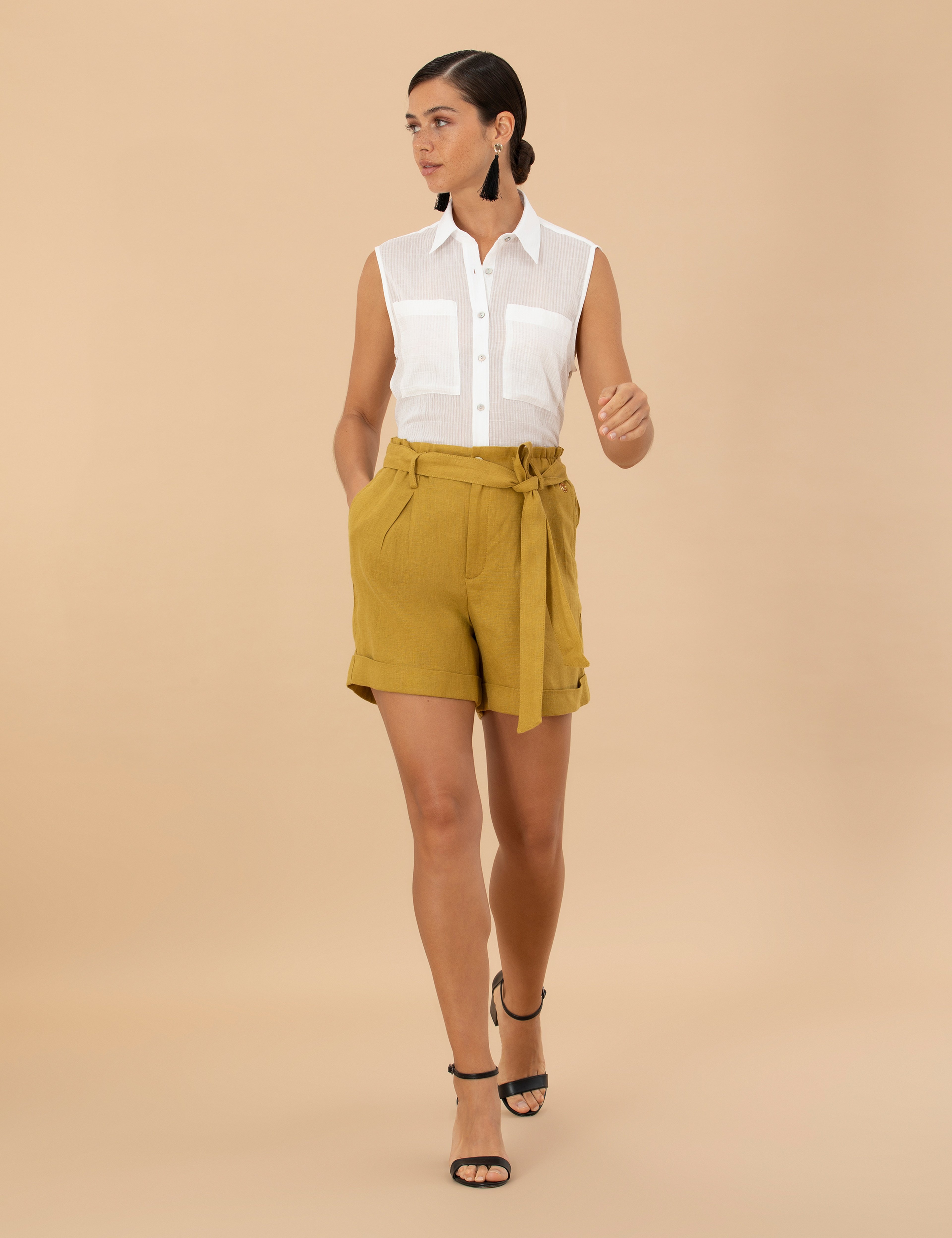 Yeşil Keten Oversize Bermuda Şort