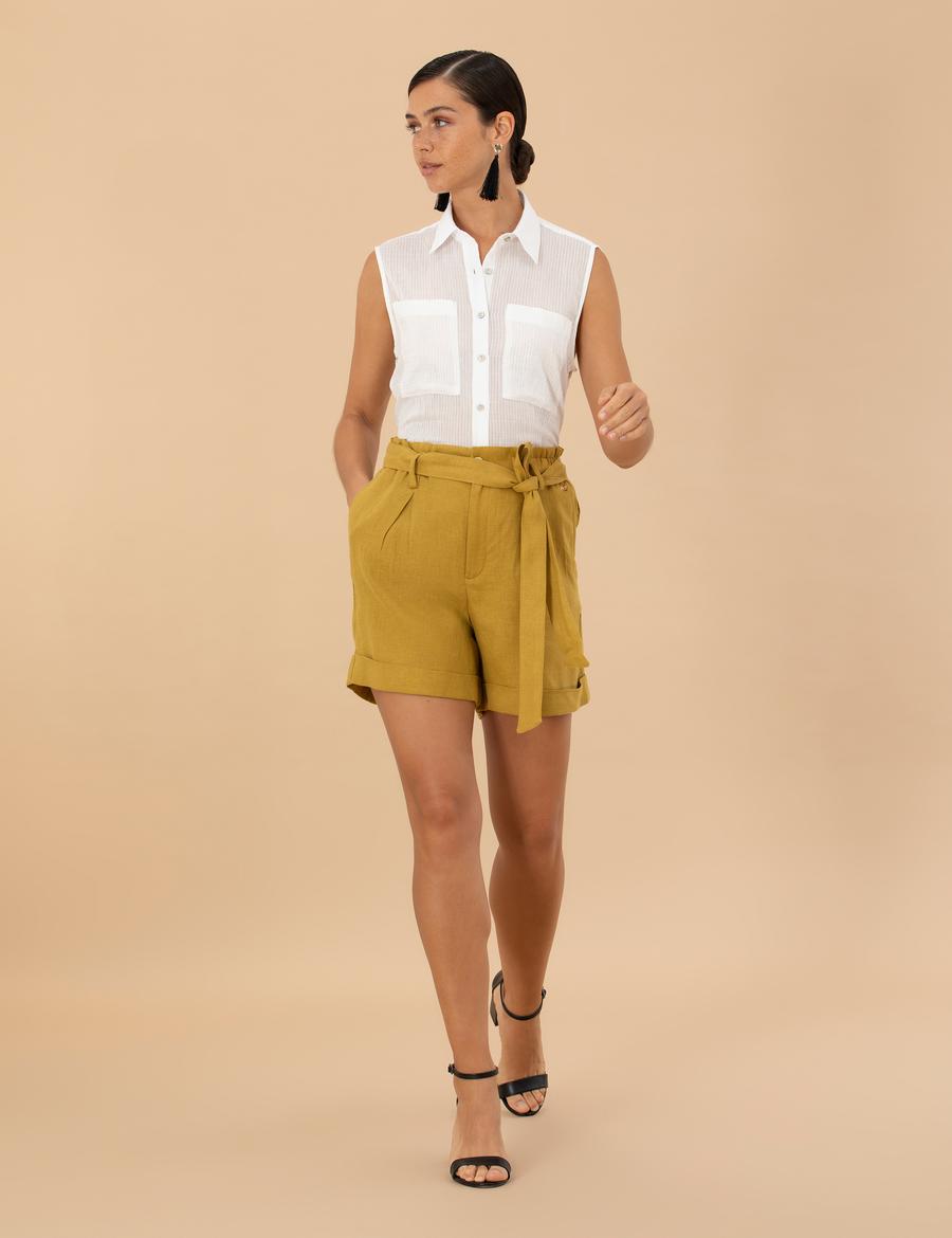 Yeşil Keten Oversize Bermuda Şort