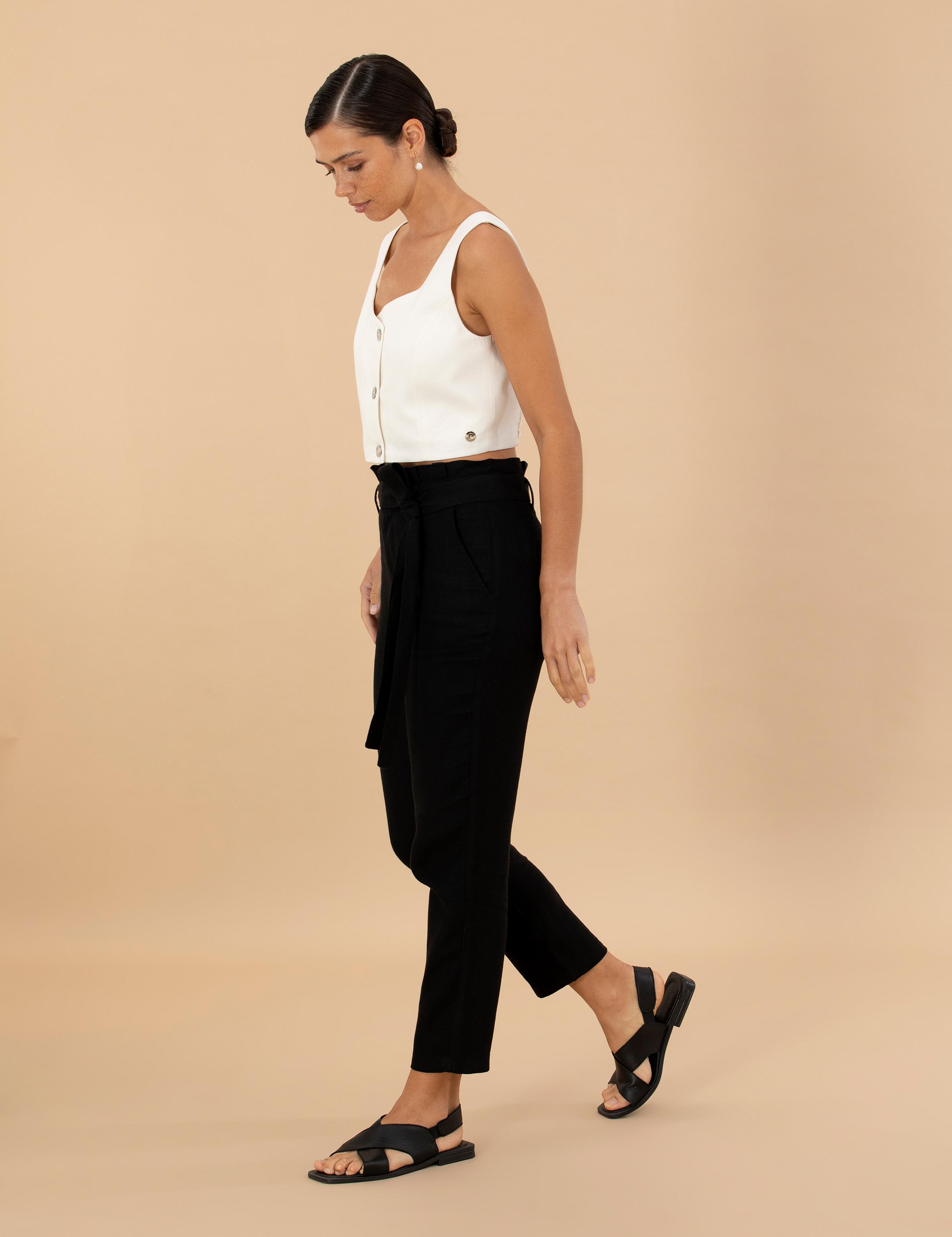 Siyah Carrot Fit Keten Pantolon