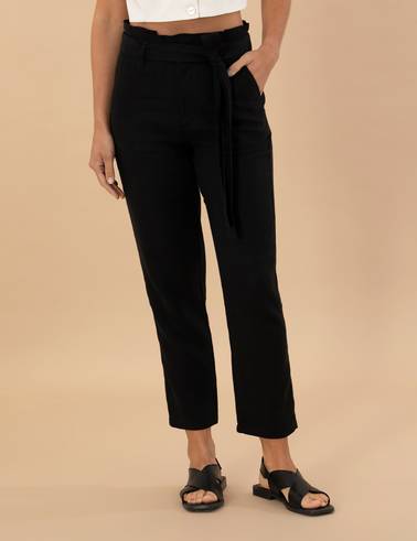 Siyah Carrot Fit Keten Pantolon