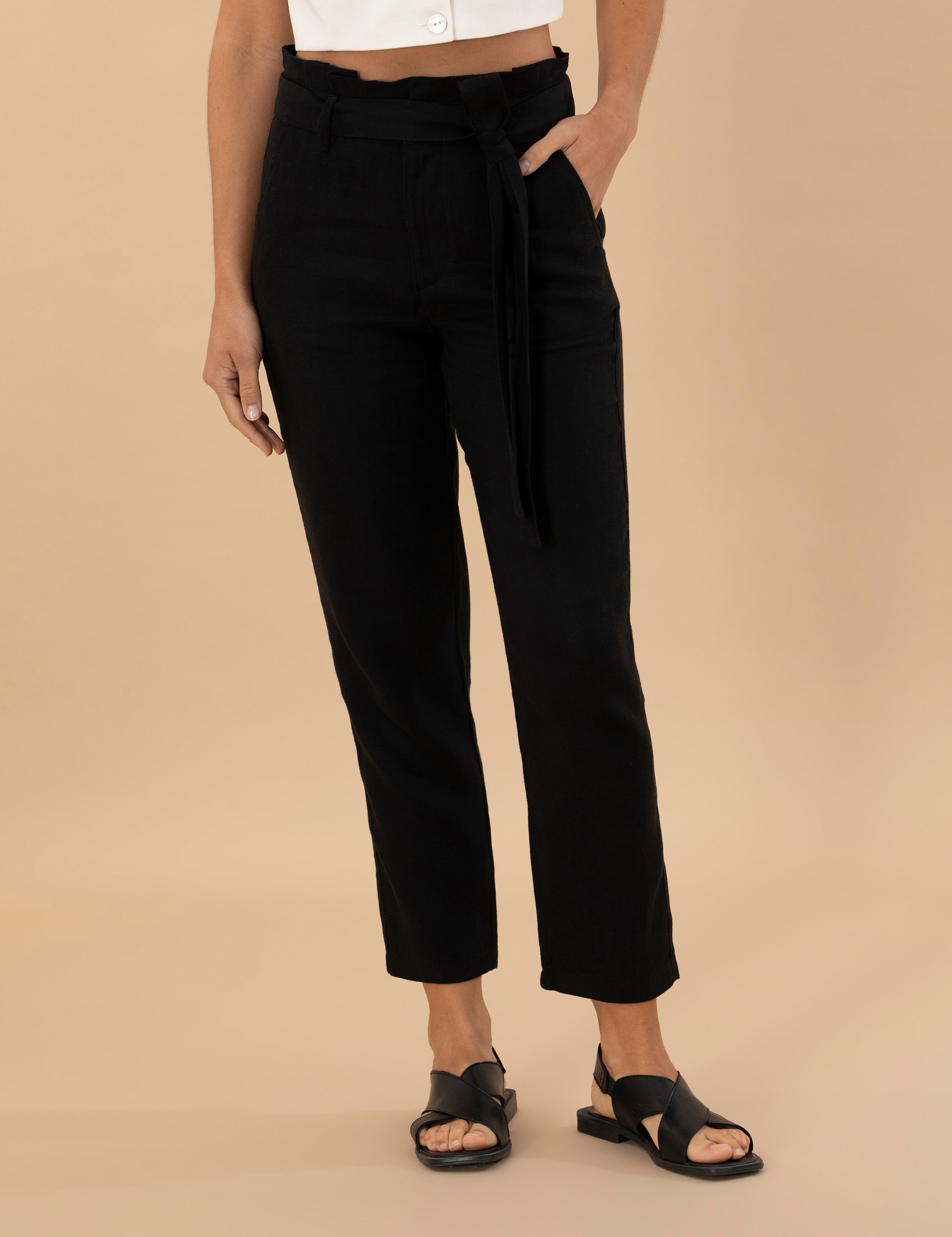 Siyah Carrot Fit Keten Pantolon - Image 2