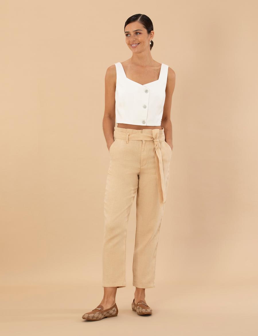 Bej Carrot Fit Keten Pantolon