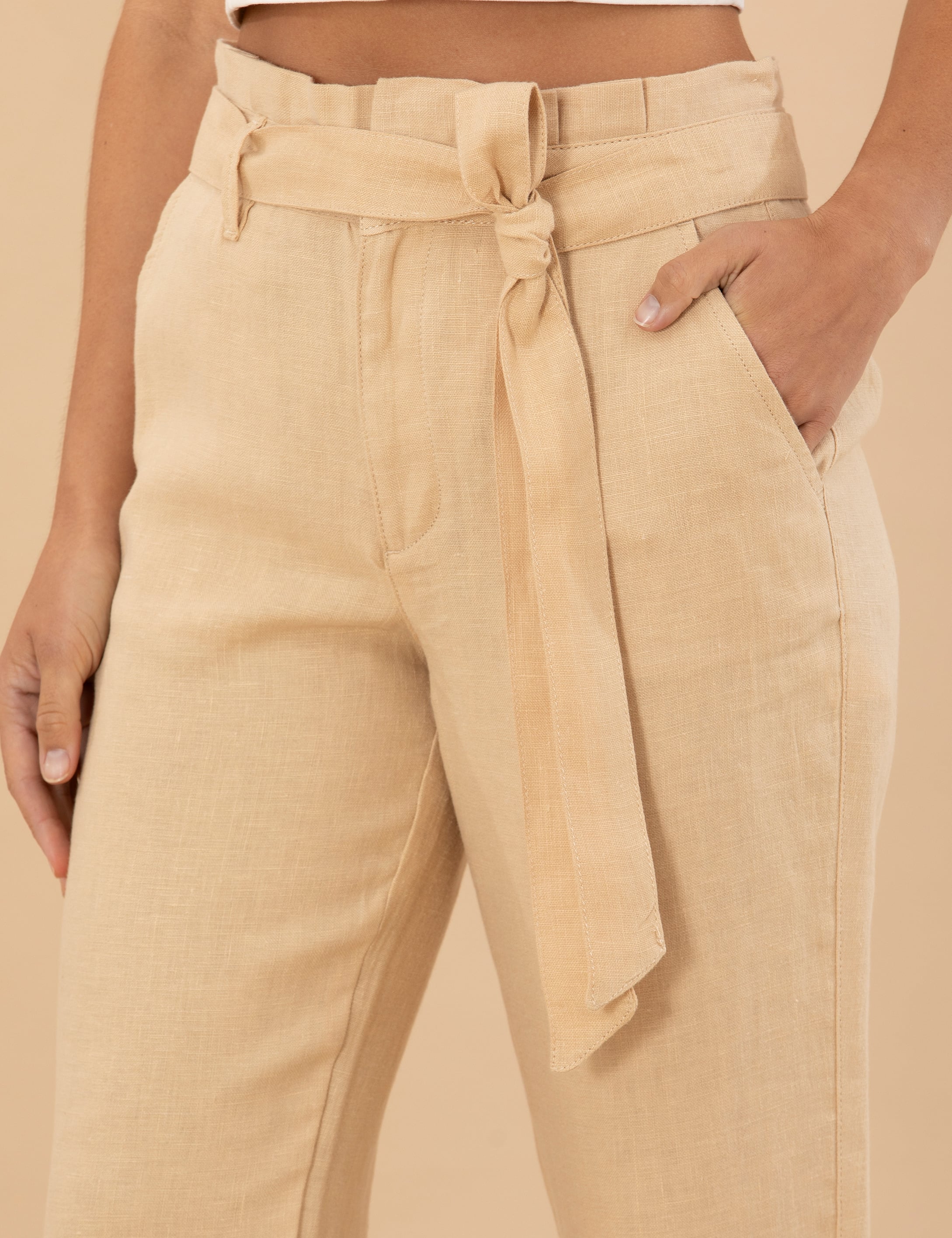 Bej Carrot Fit Keten Pantolon - Image 6