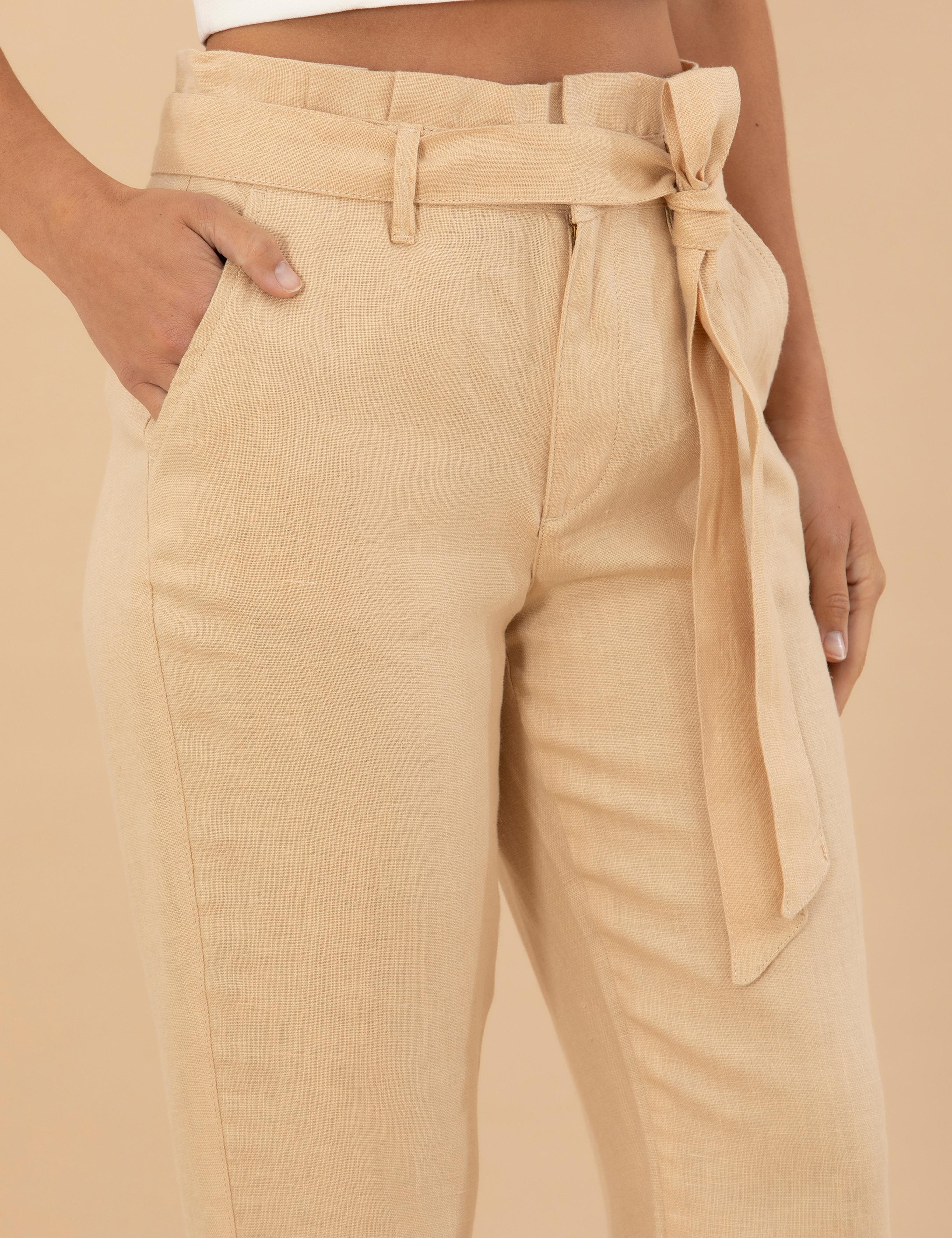 Bej Carrot Fit Keten Pantolon