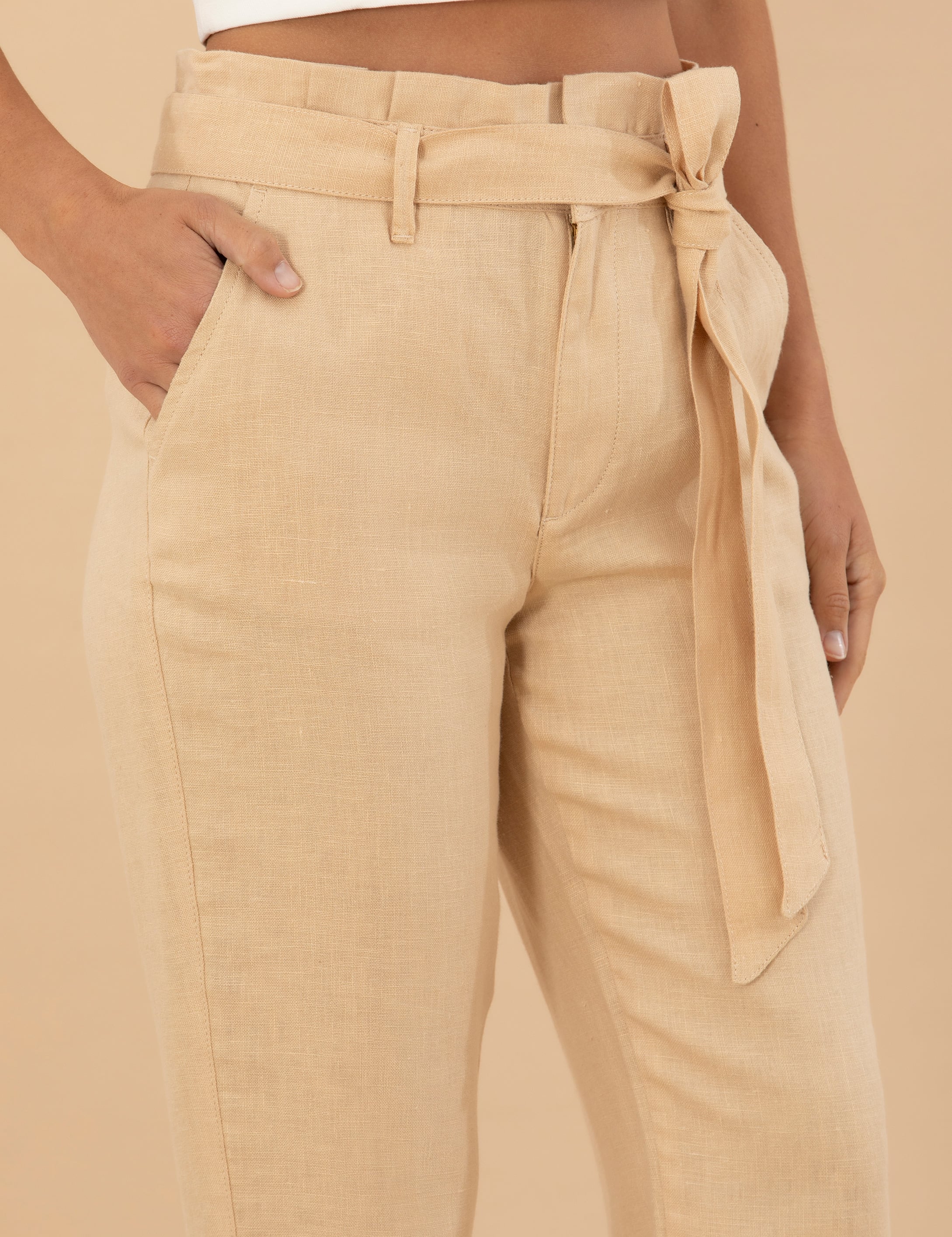 Bej Carrot Fit Keten Pantolon - Image 5