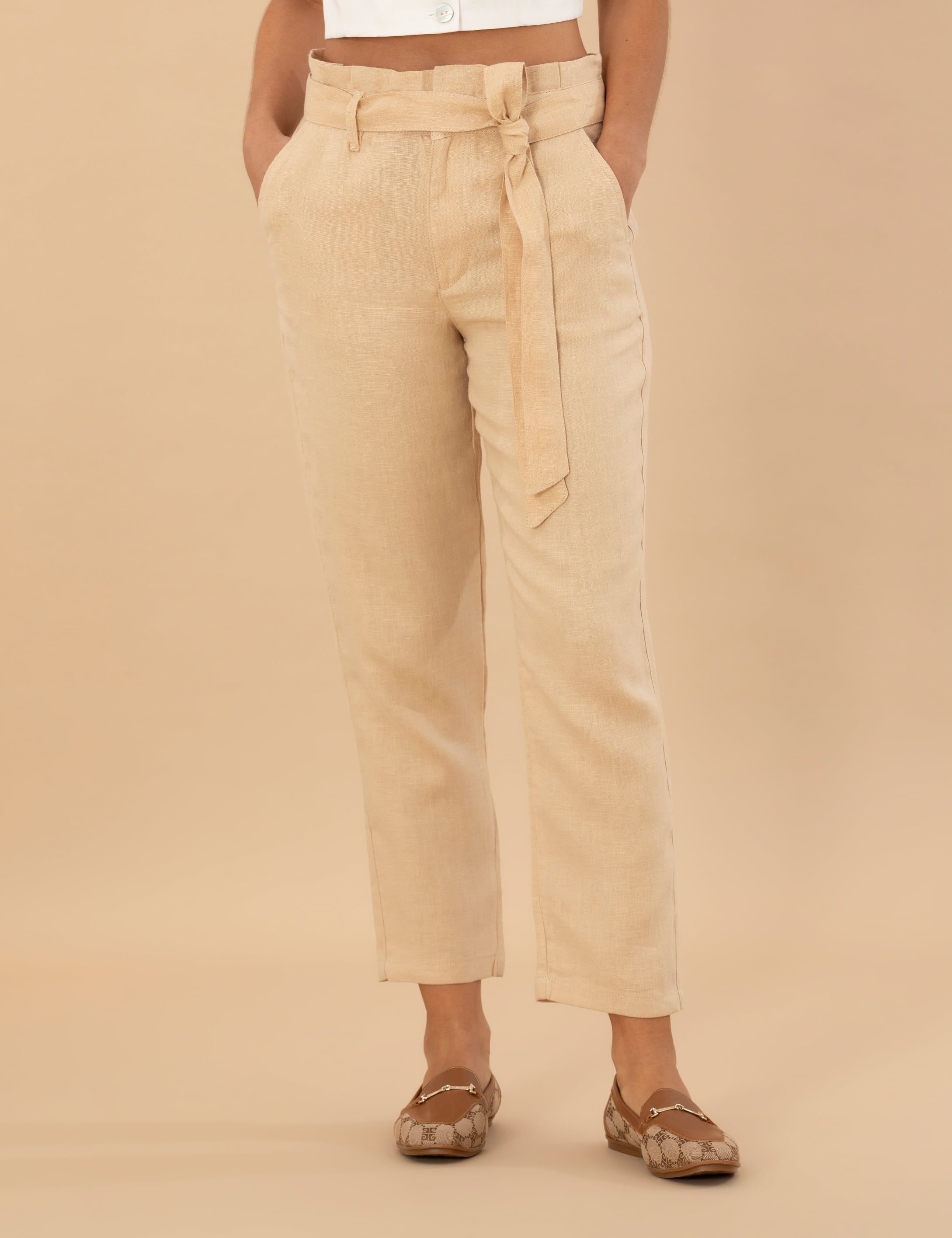 Bej Carrot Fit Keten Pantolon - Image 2