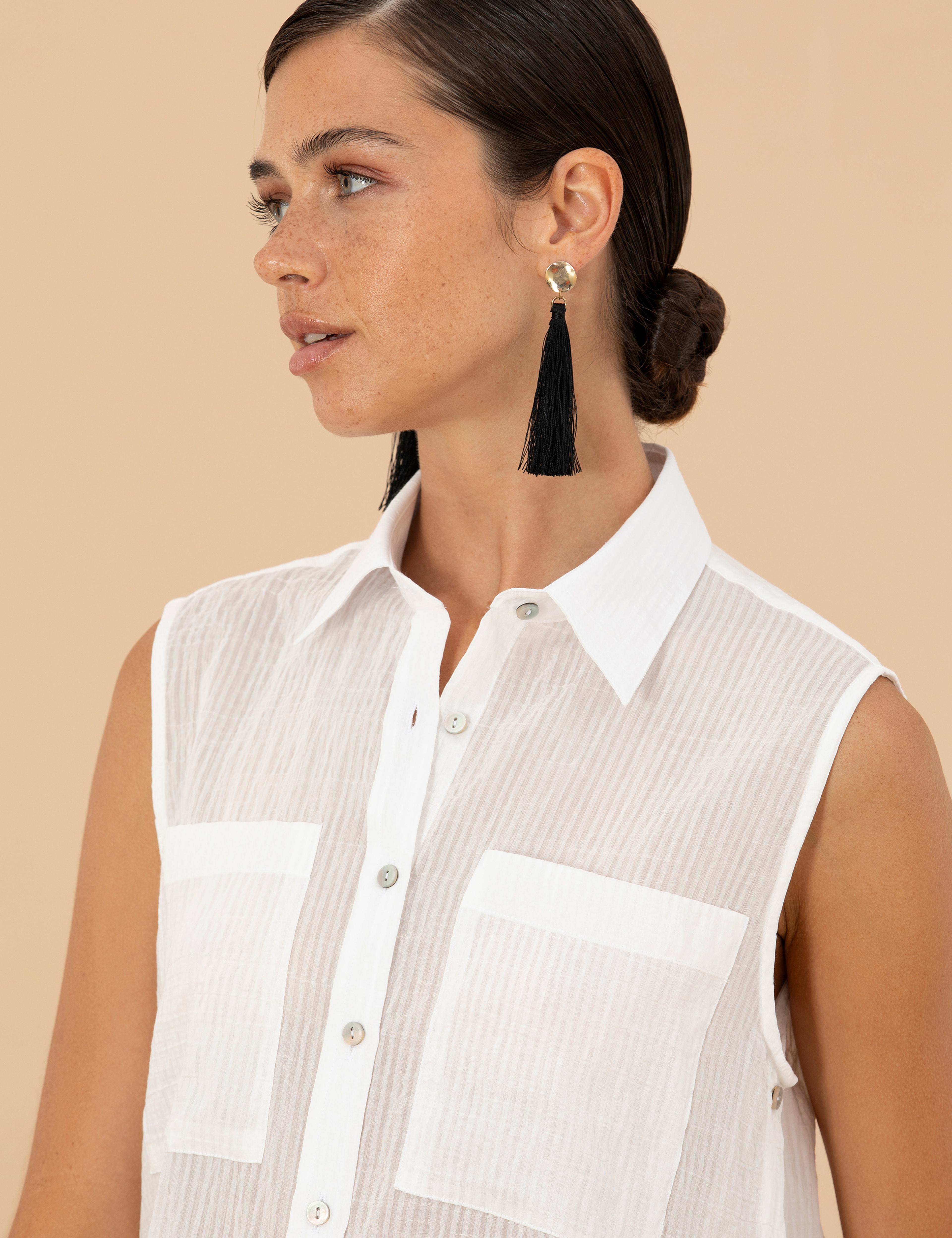 Ekru Regular Fit Kolsuz Gömlek - Image 2