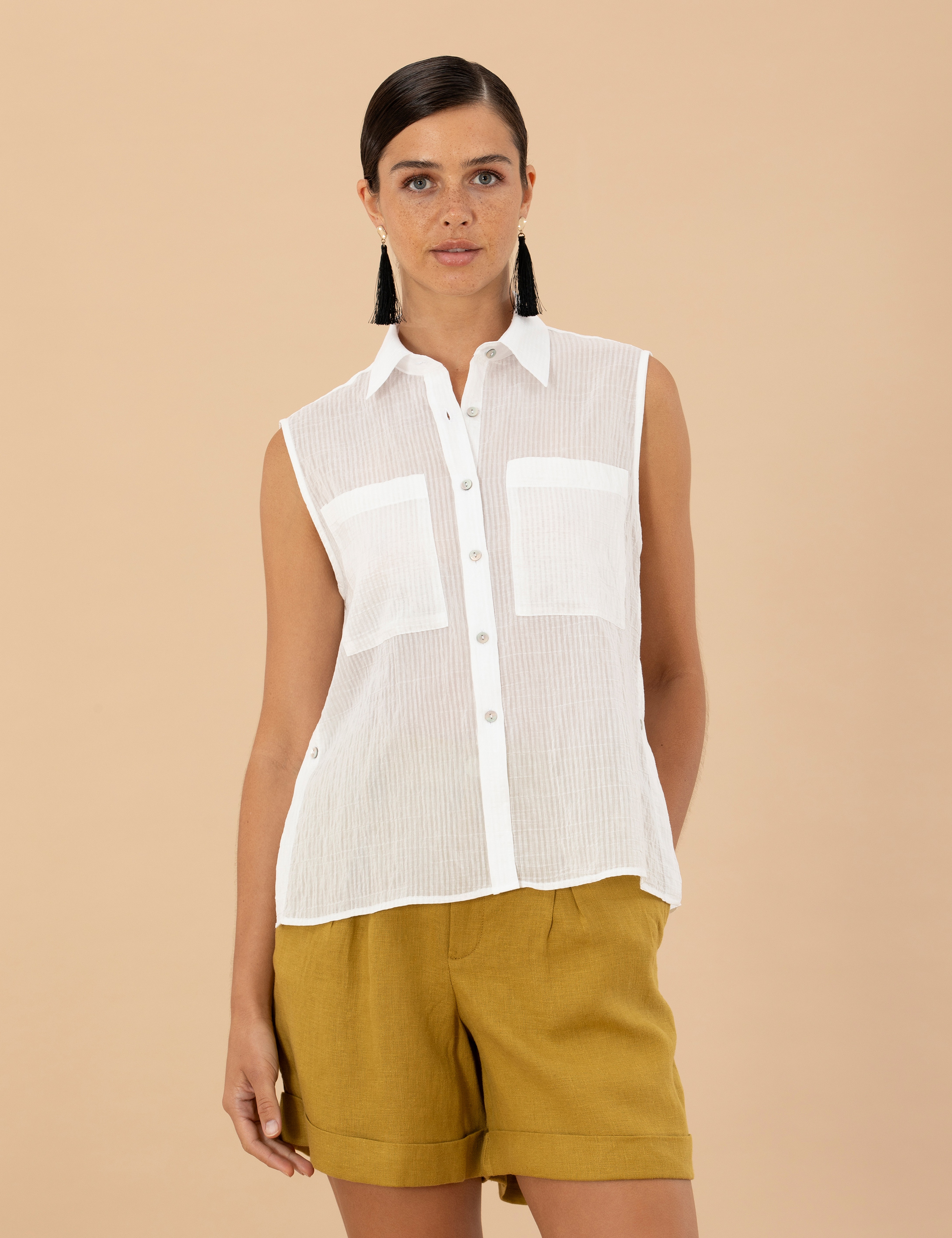 Ekru Regular Fit Kolsuz Gömlek - Image 3