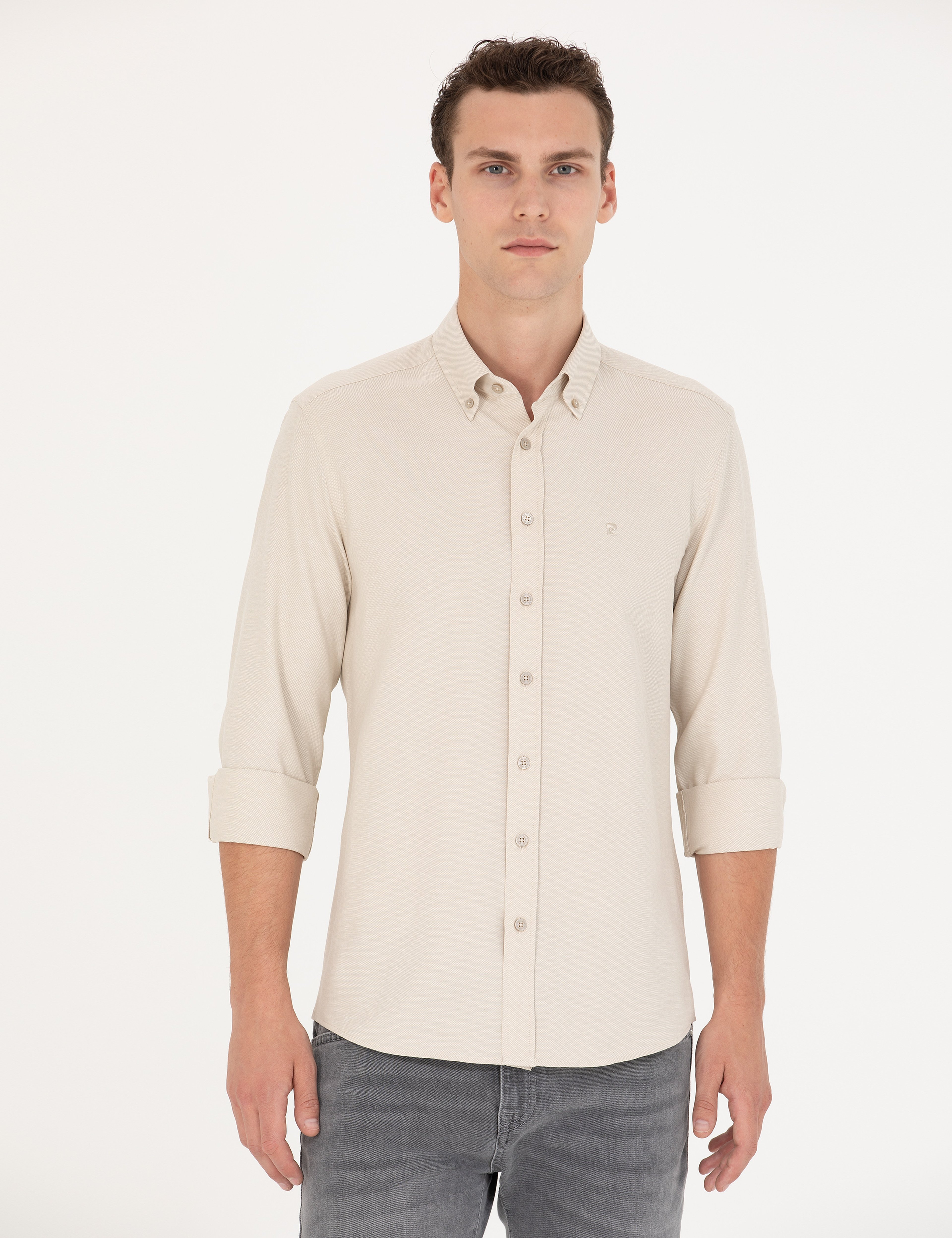Bej Slim Fit Uzun Kollu Gömlek - Image 3