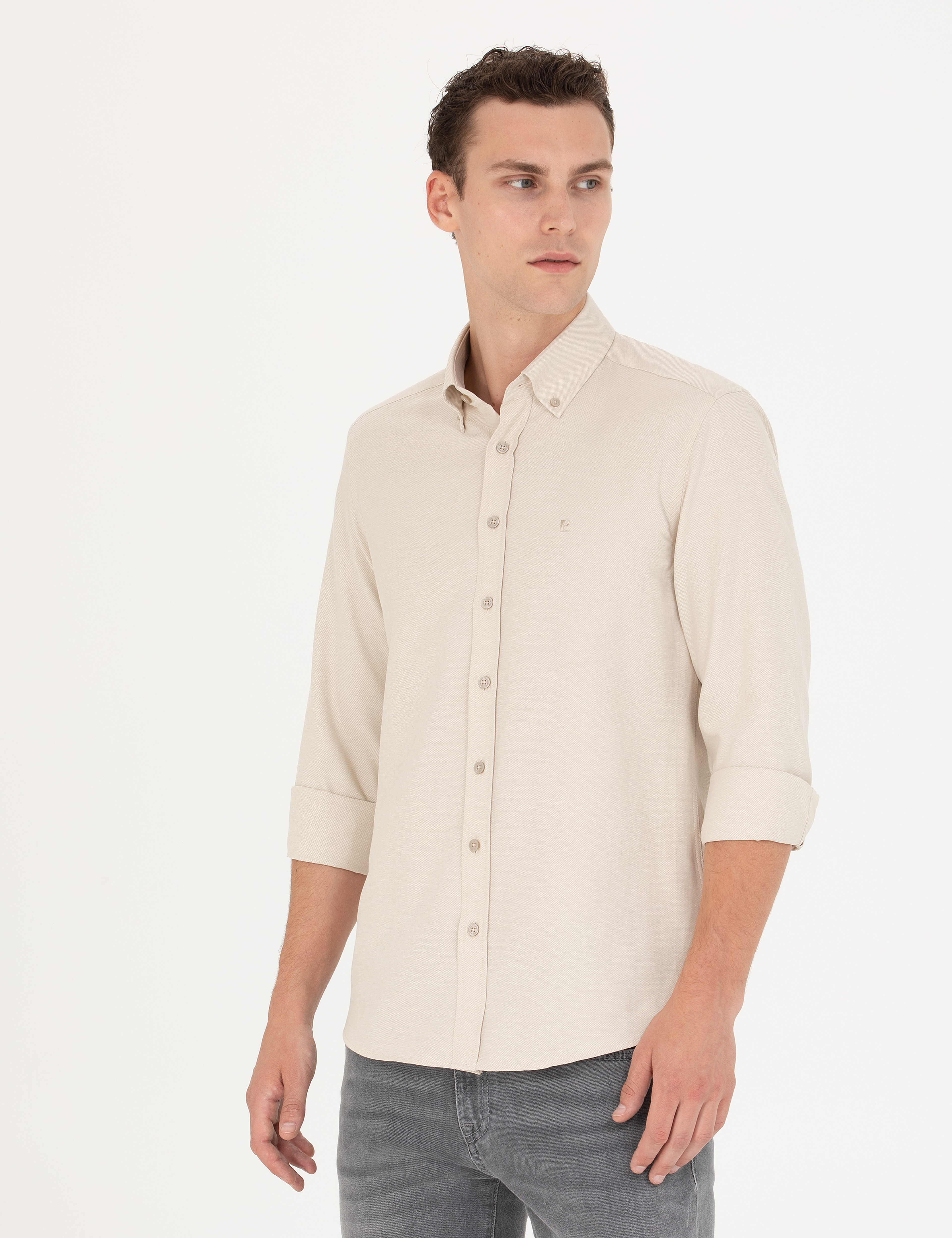 Bej Slim Fit Uzun Kollu Gömlek - Image 1
