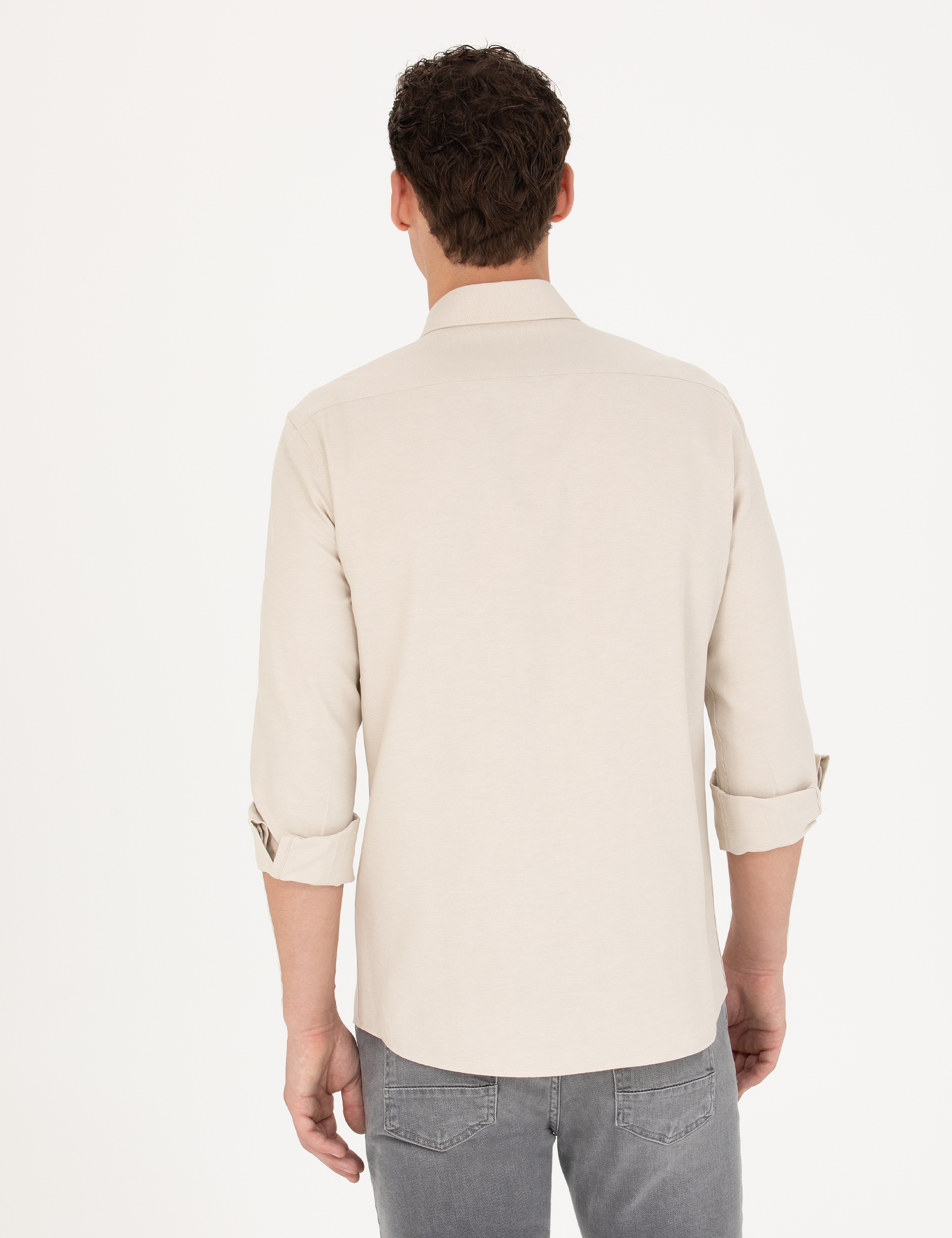 Bej Slim Fit Uzun Kollu Gömlek - Image 5