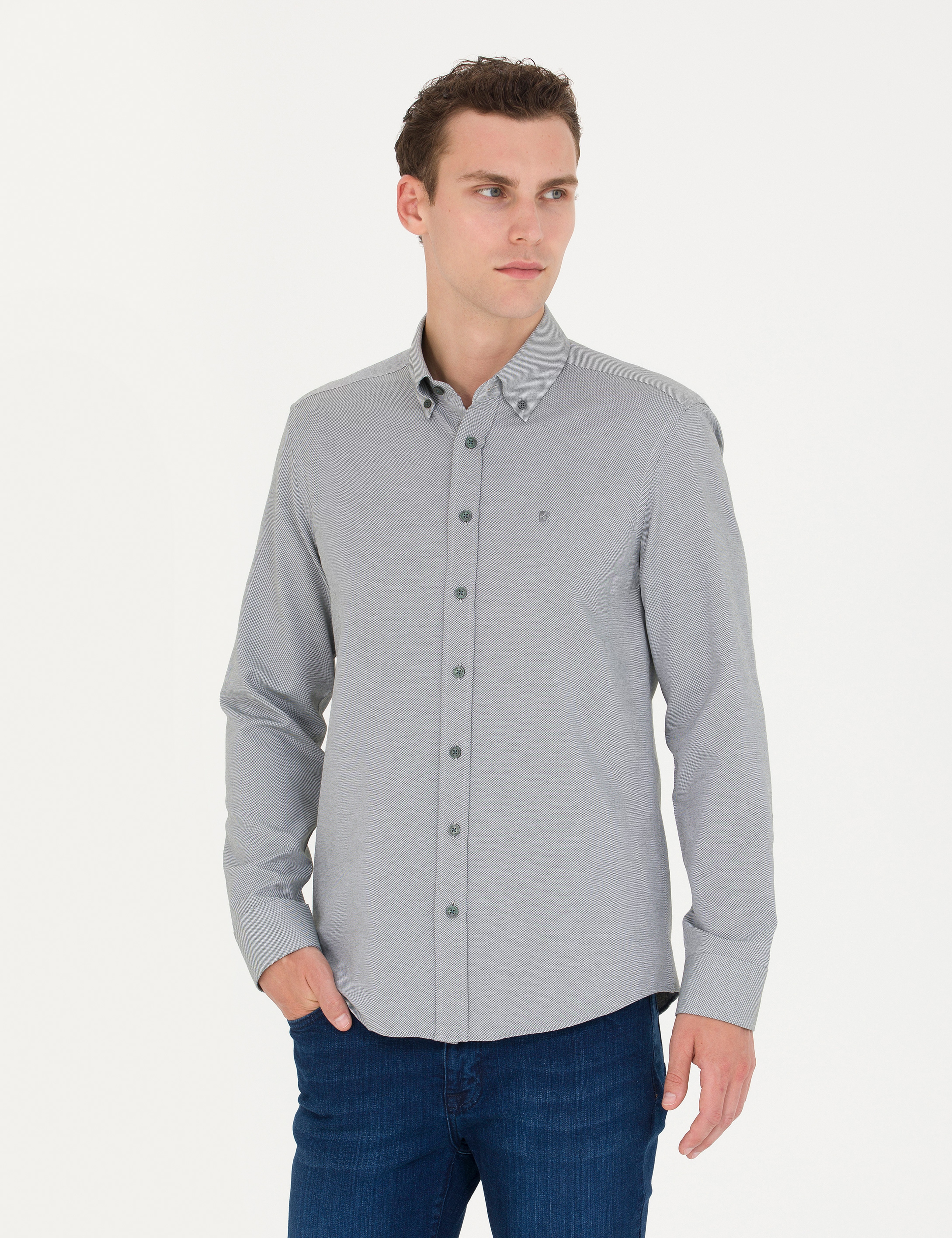 Haki Slim Fit Uzun Kollu Gömlek - Image 3