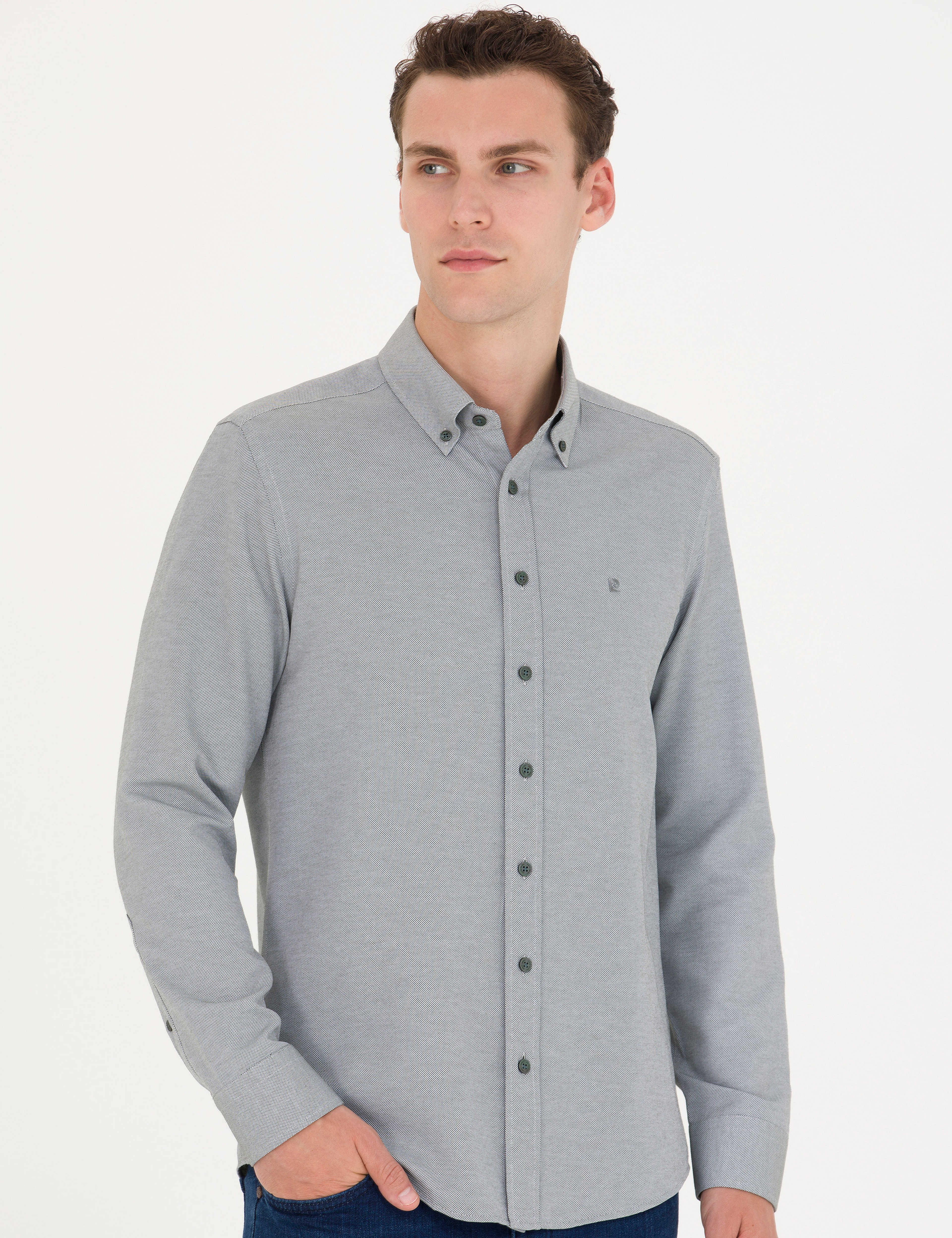 Haki Slim Fit Uzun Kollu Gömlek - Image 1