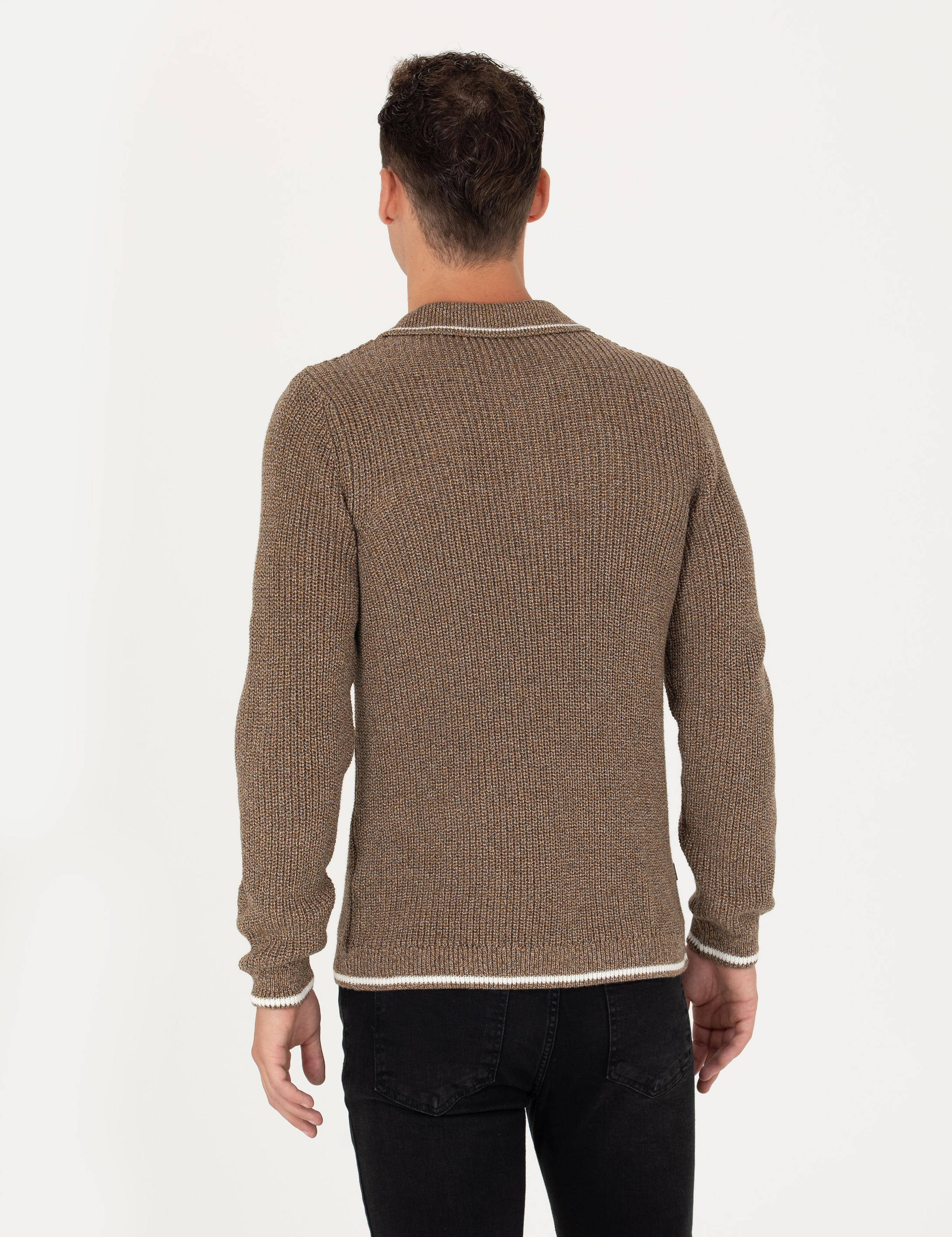 Kahverengi Slim Fit Düğmeli Polo Yaka Triko Kazak