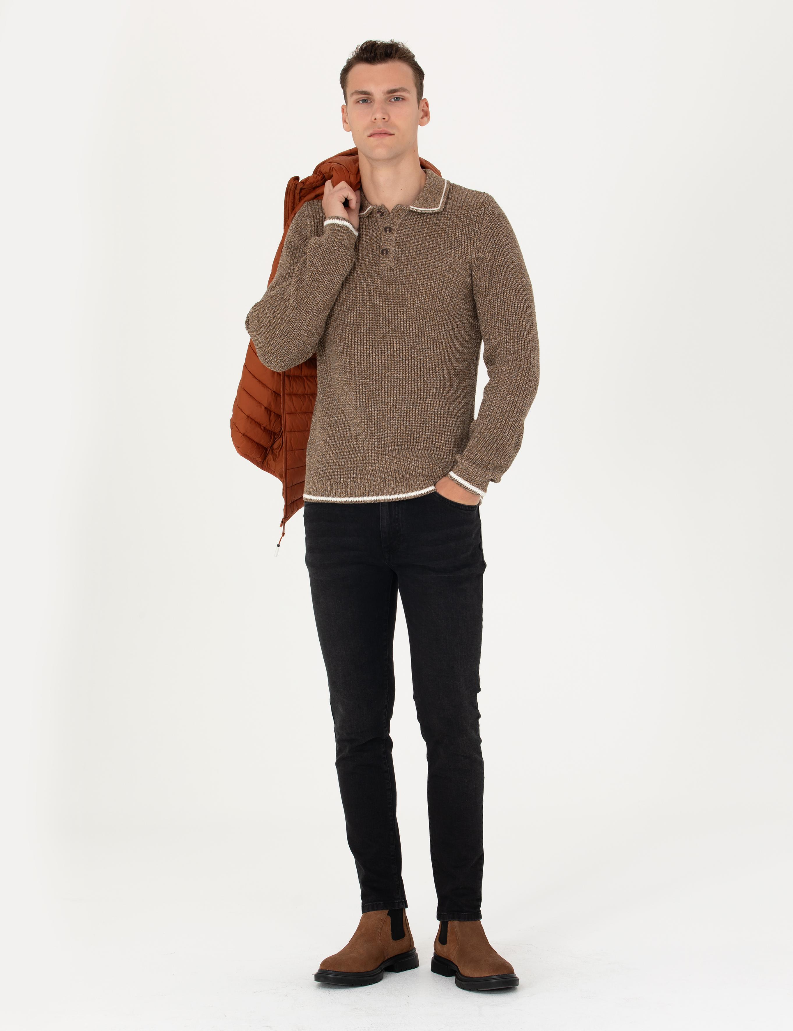 Kahverengi Slim Fit Düğmeli Polo Yaka Triko Kazak