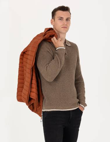 Kahverengi Slim Fit Düğmeli Polo Yaka Triko Kazak