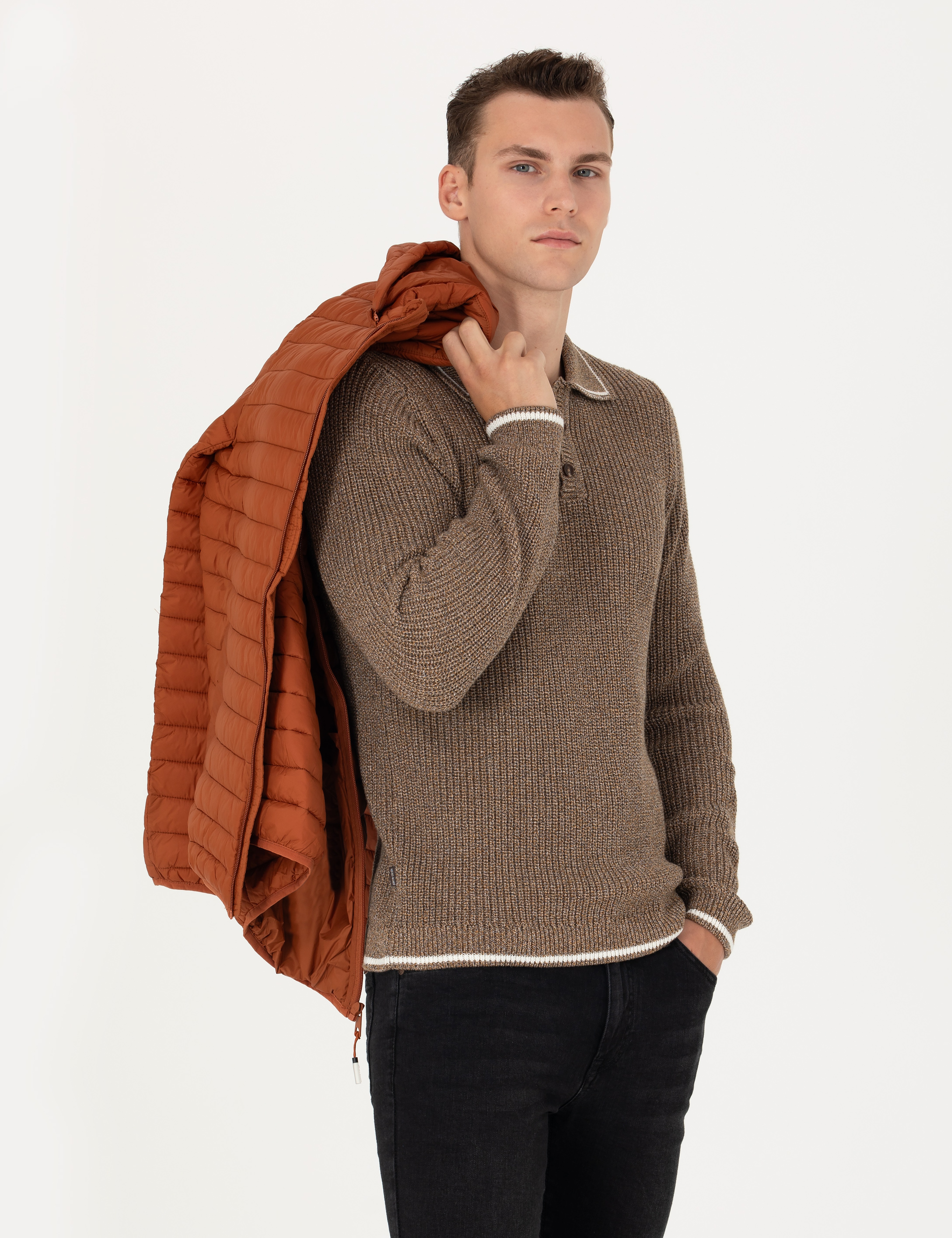 Kahverengi Slim Fit Düğmeli Polo Yaka Triko Kazak - Image 1