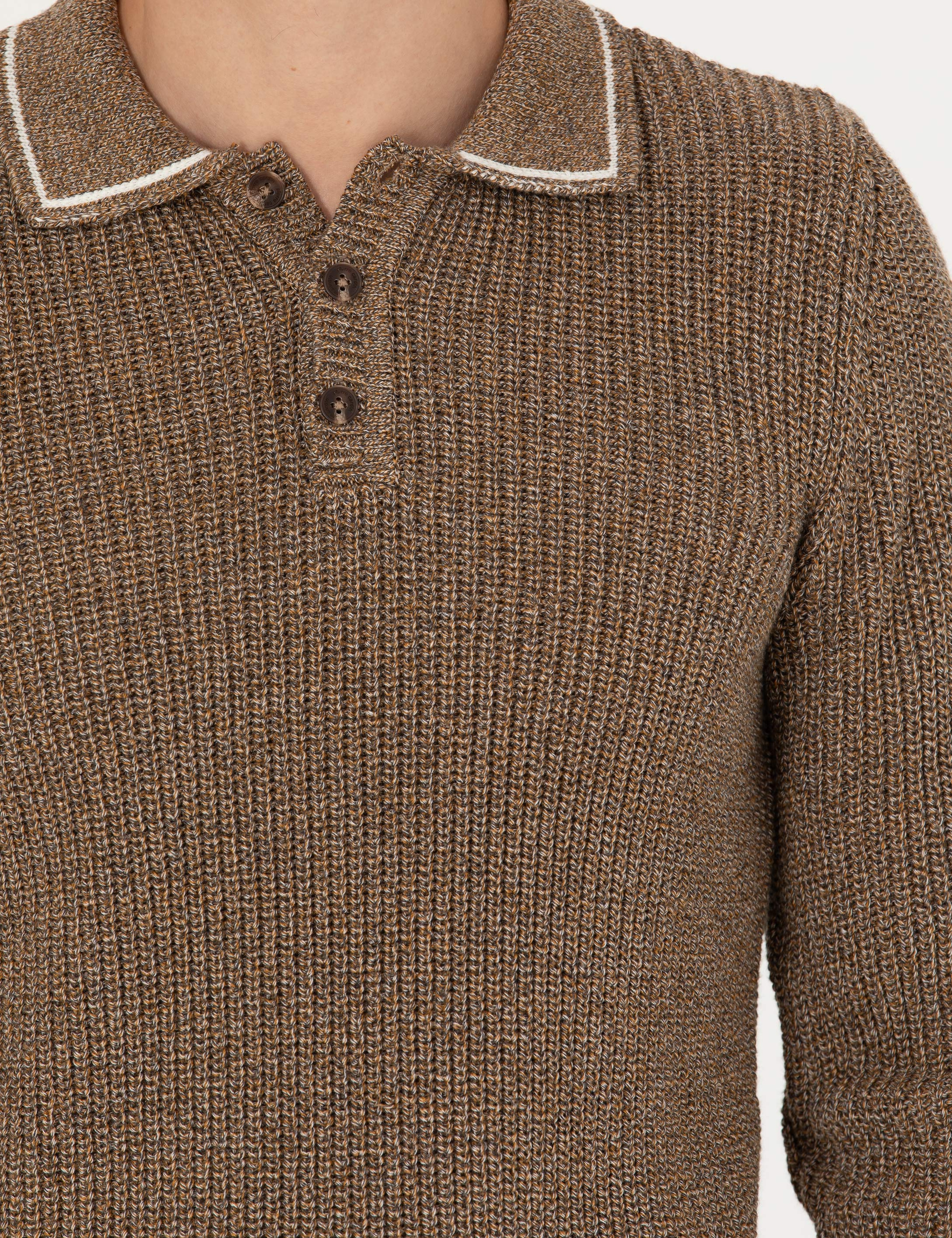 Kahverengi Slim Fit Düğmeli Polo Yaka Triko Kazak - Image 7