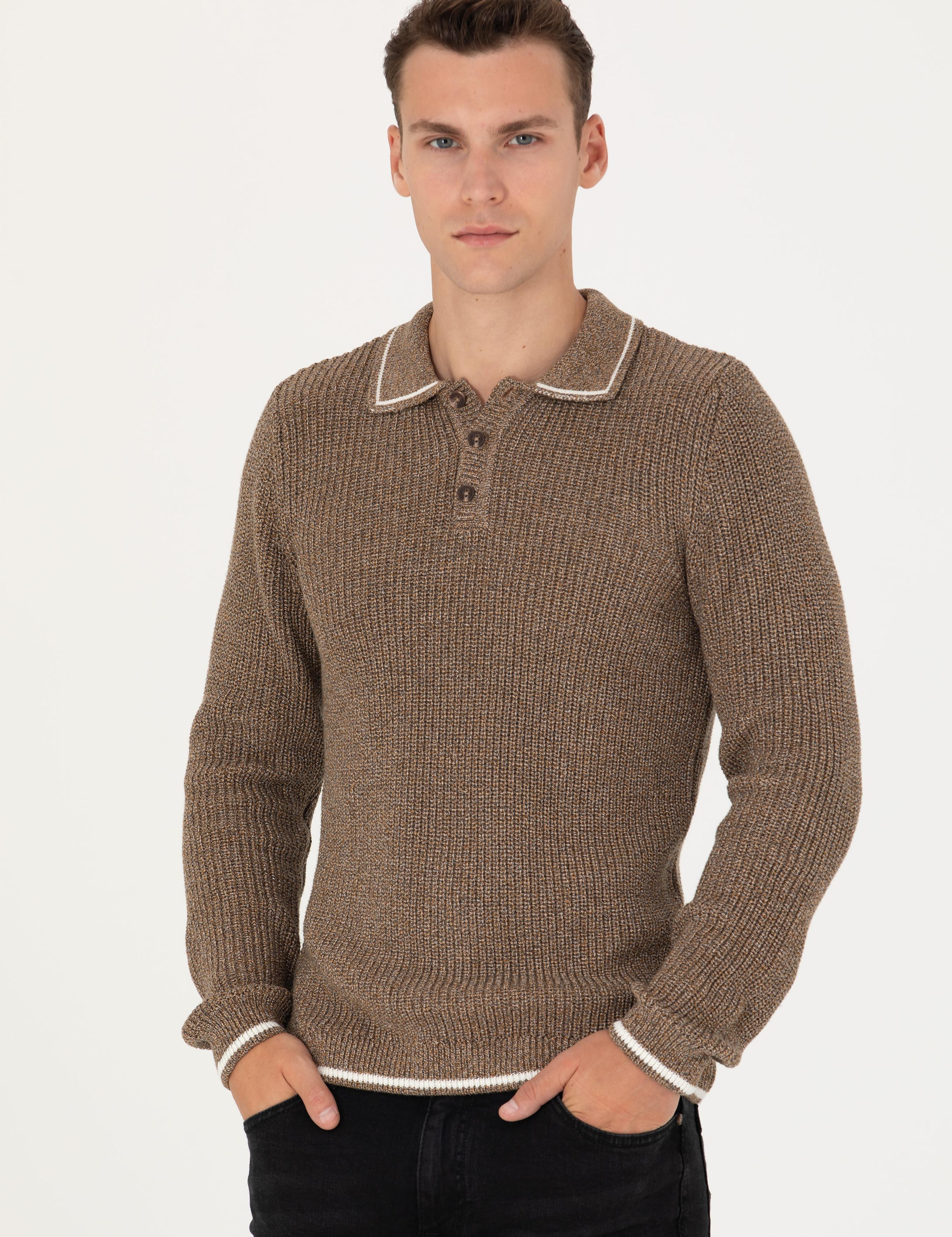 Kahverengi Slim Fit Düğmeli Polo Yaka Triko Kazak