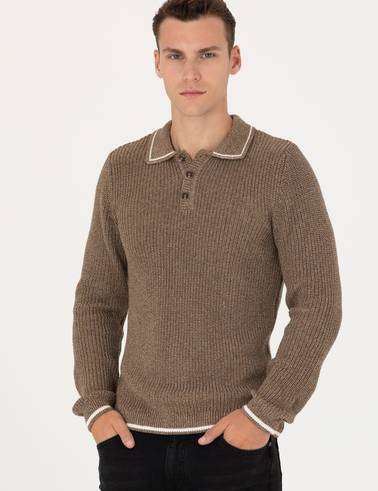 Kahverengi Slim Fit Düğmeli Polo Yaka Triko Kazak