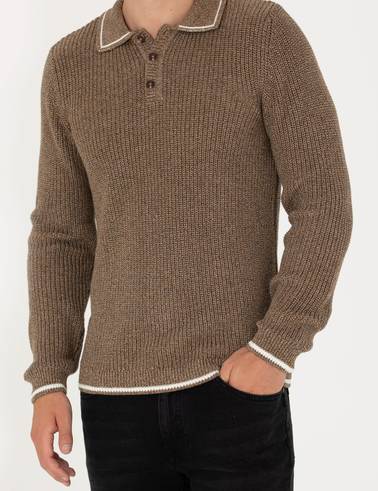 Kahverengi Slim Fit Düğmeli Polo Yaka Triko Kazak