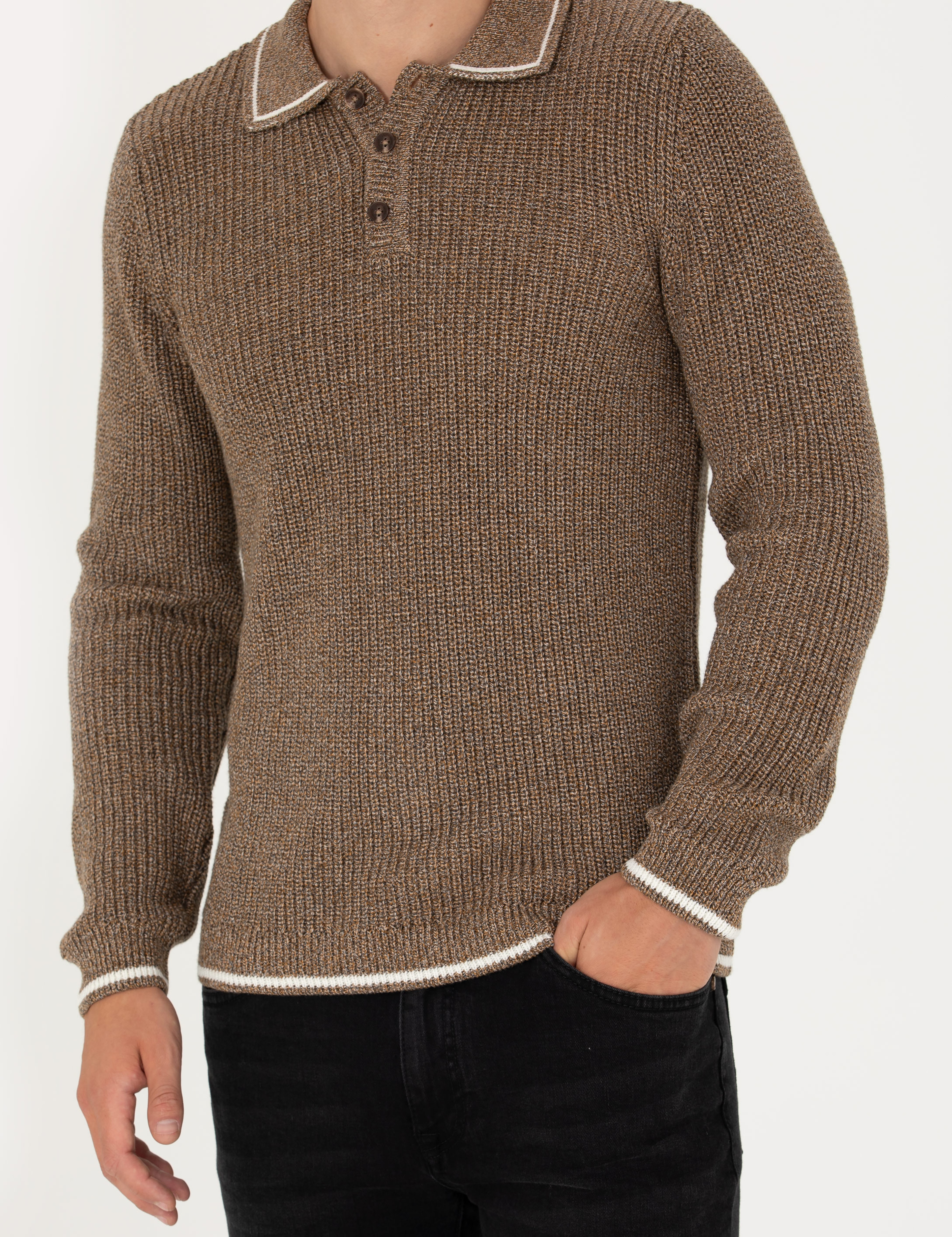 Kahverengi Slim Fit Düğmeli Polo Yaka Triko Kazak - Image 6