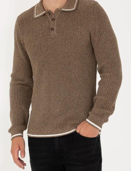 Kahverengi Slim Fit Düğmeli Polo Yaka Triko Kazak - 50260288021