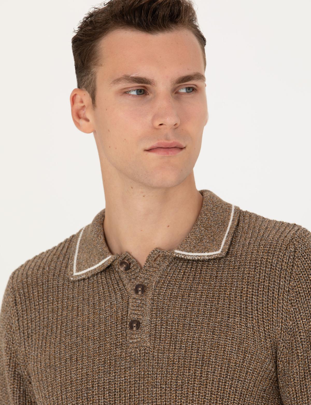 Kahverengi Slim Fit Düğmeli Polo Yaka Triko Kazak - 50260288021