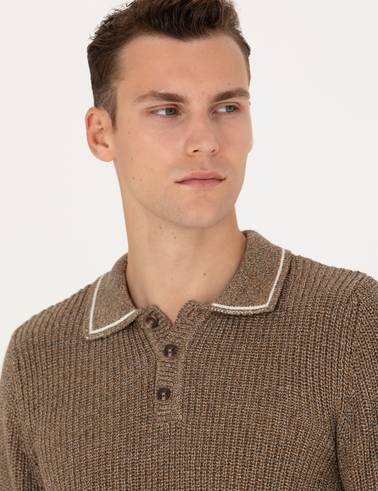 Kahverengi Slim Fit Düğmeli Polo Yaka Triko Kazak